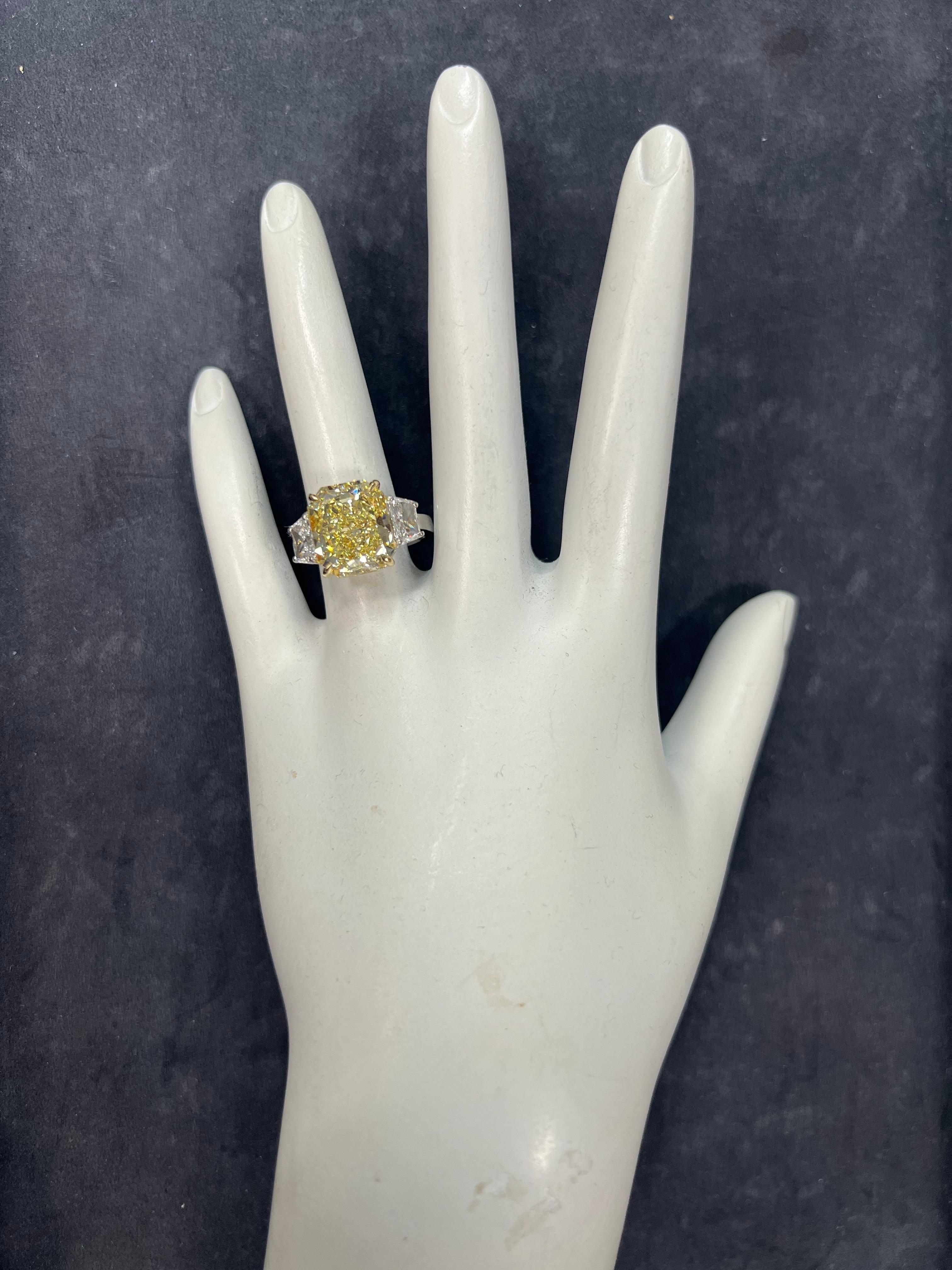 Radiant Cut GIA Certified 7.28 Carat Natural Fancy Yellow VVS2 Diamond Plat Engagement Ring For Sale