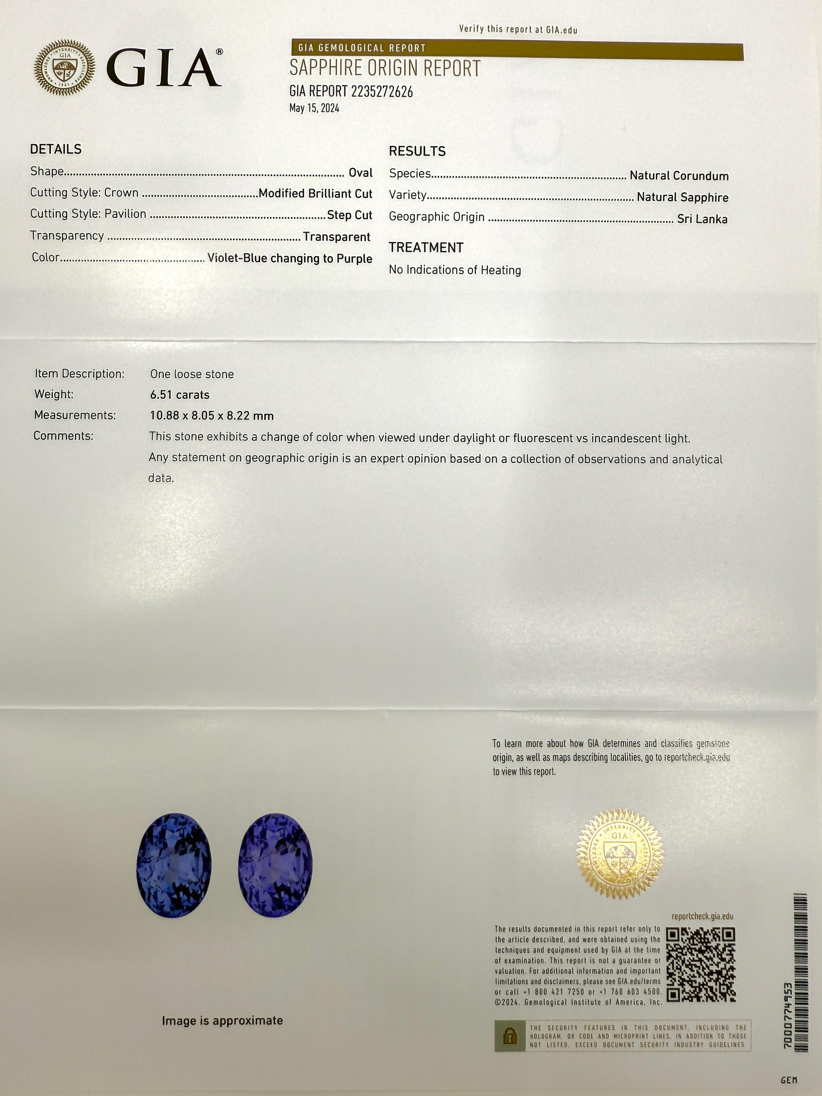 Rara collana di zaffiri e diamanti di Ceylon con taglio ovale e cambio di colore non trattati, certificata GIA. 7,28 carati totali.

Un raffinato zaffiro di Ceylon non trattato da 6,51 carati, certificato GIA, con un raro effetto di cambiamento di