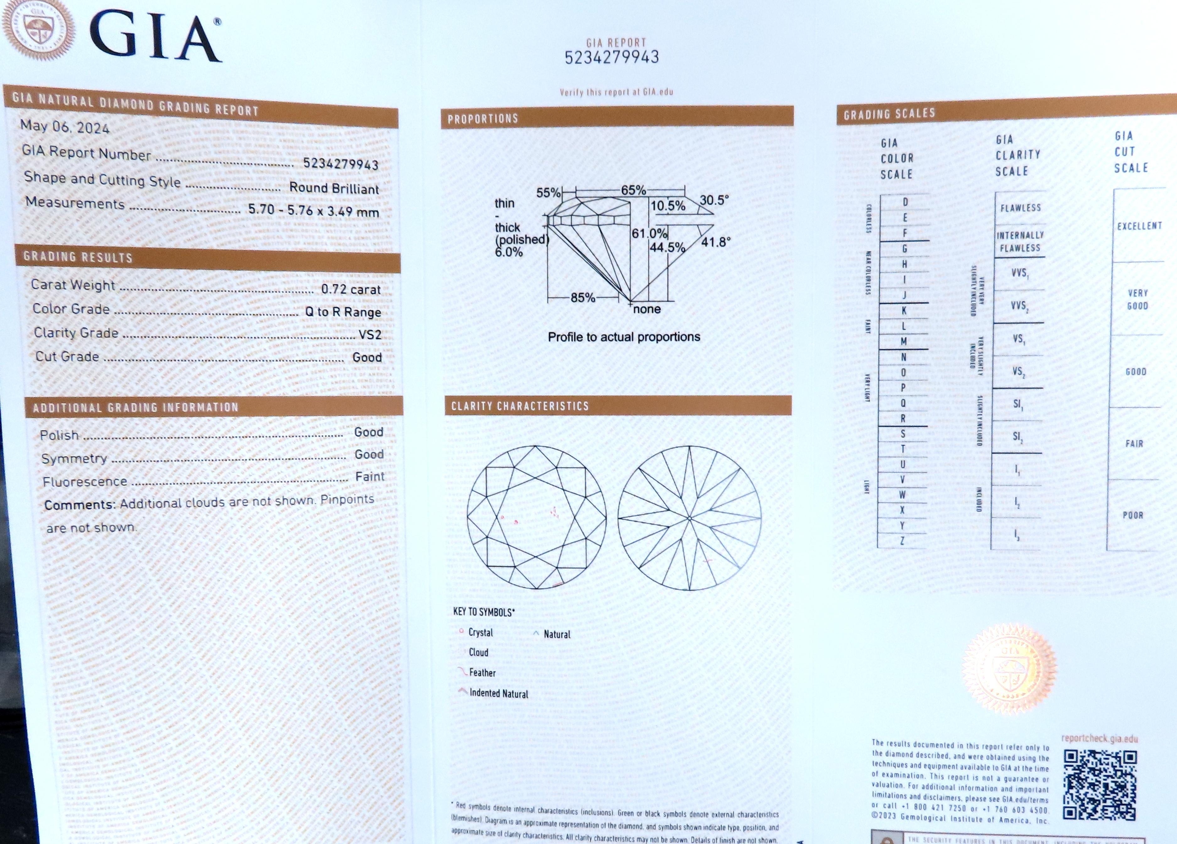 GIA Certificado .72ct Diamante redondo Rubí Banda 14kt 12412 en Nuevo estado para la venta en New York, NY