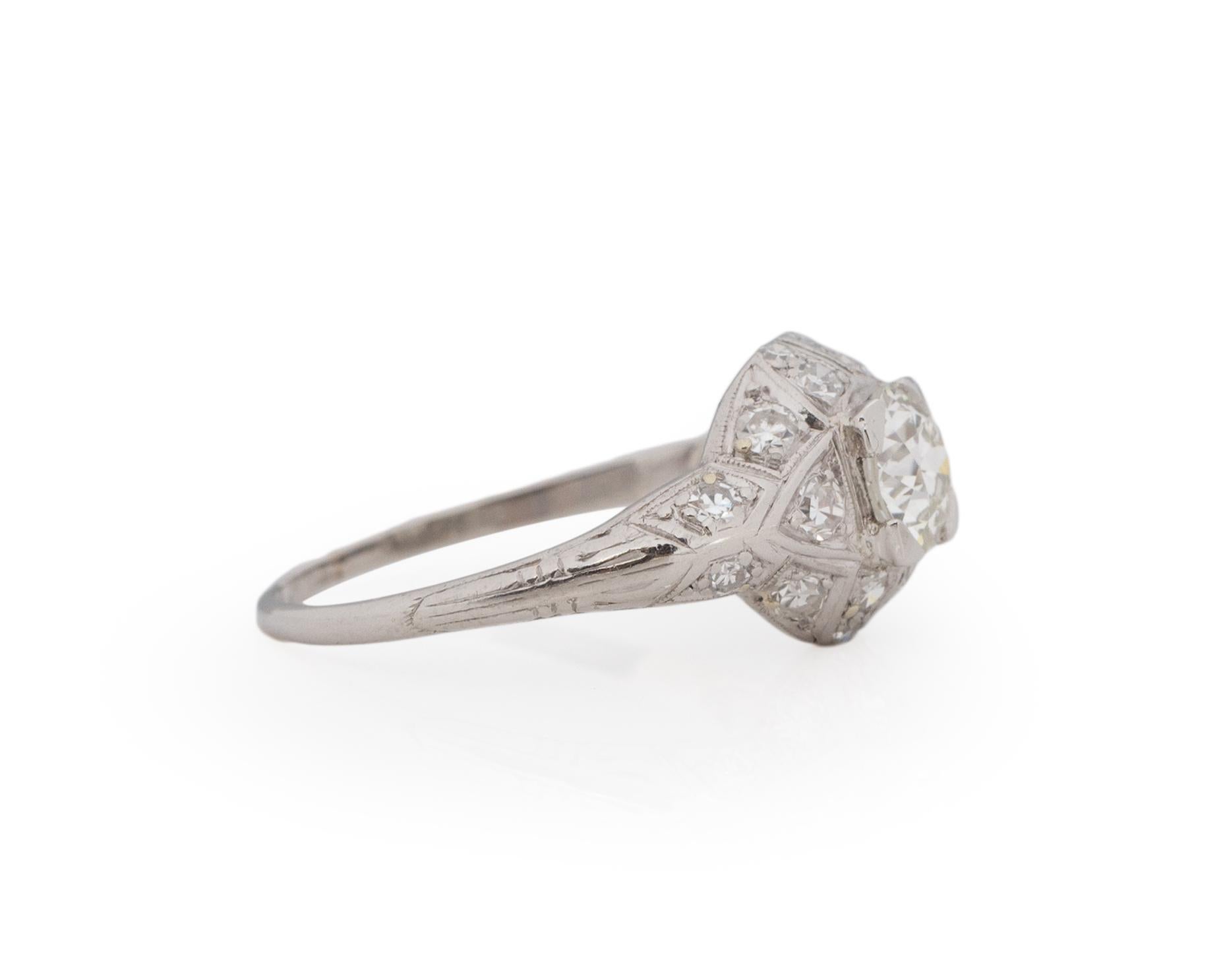 Ring Size: 7.5
Metal Type: Platinum [Hallmarked, and Tested]
Weight: 3.25 grams

Diamond Details:
GIA REPORT #: 5222511665
Weight: .73ct
Cut: Old European brilliant
Color: J
Clarity: SI2
Measurements: 5.64mm x 5.66mm x 3.58mm

Finger to Top of Stone