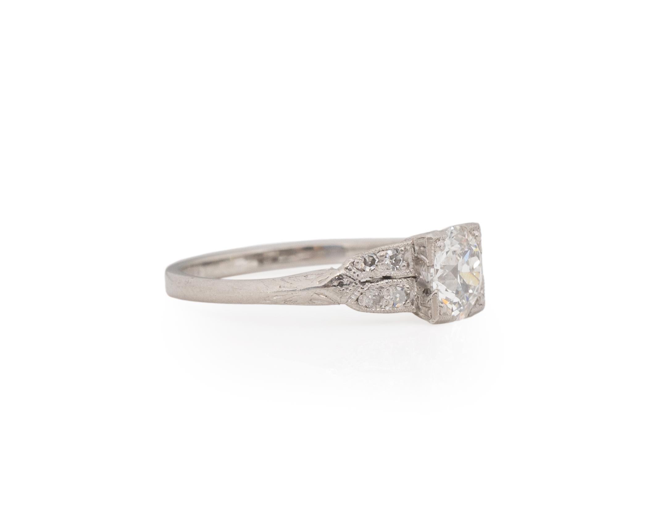 Ring Size: 6
Metal Type: Platinum  [Hallmarked, and Tested]
Weight:  3.2 grams

Center Diamond Details:
GIA LAB REPORT #:5221711482
Weight: .73ct
Cut: Old European brilliant
Color: K
Clarity: VS1
Measurements: 5.92mm x 6.08mm x 3.16mm 

Finger to