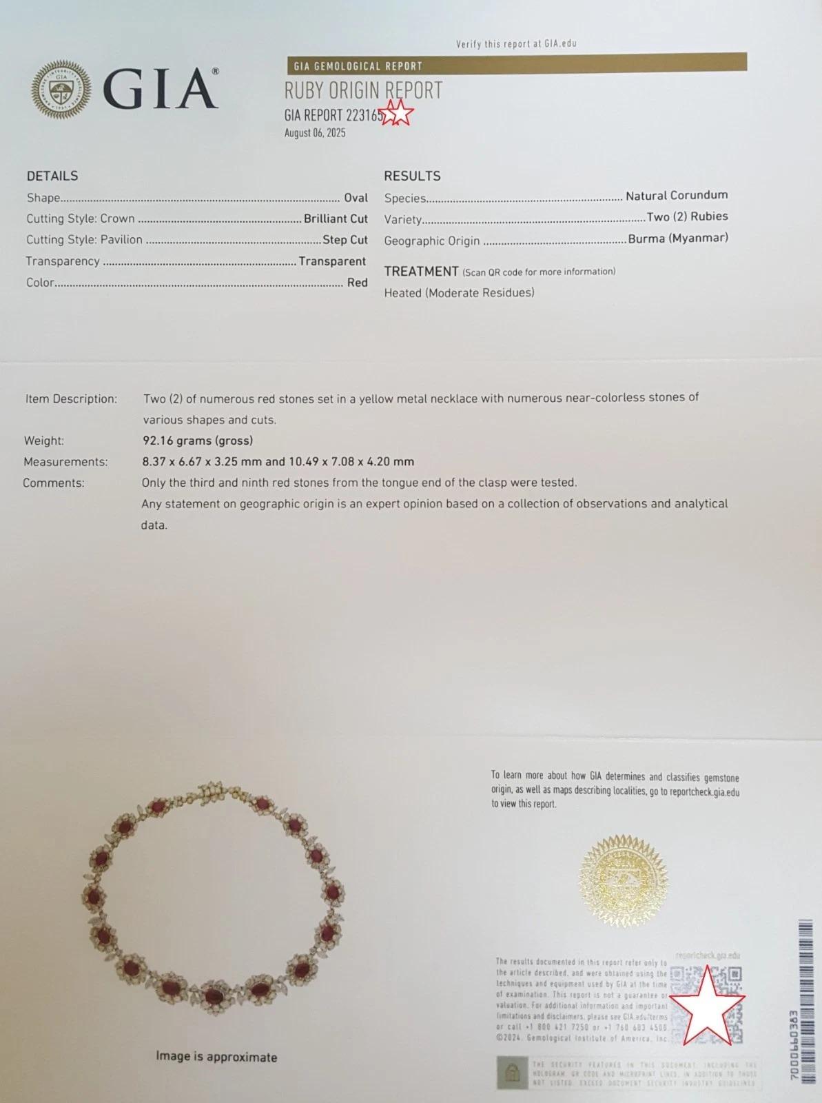 Collana Riviera di diamanti e rubini ovali di sangue di piccione di Birmania certificata GIA da 73 carati in vendita 1