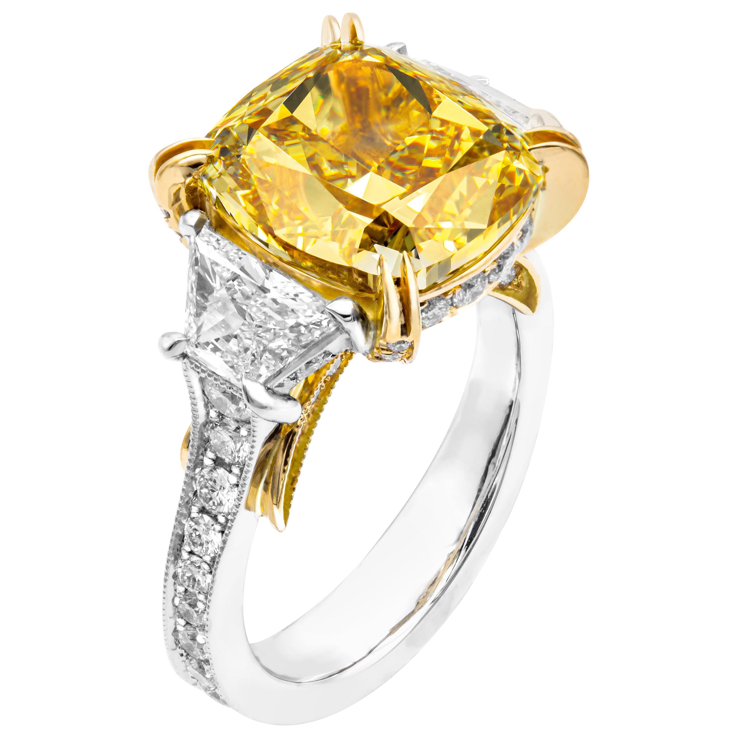 GIA Certified 7.35 Carat Fancy Brown Yellow Cushion Three-Stone Ring