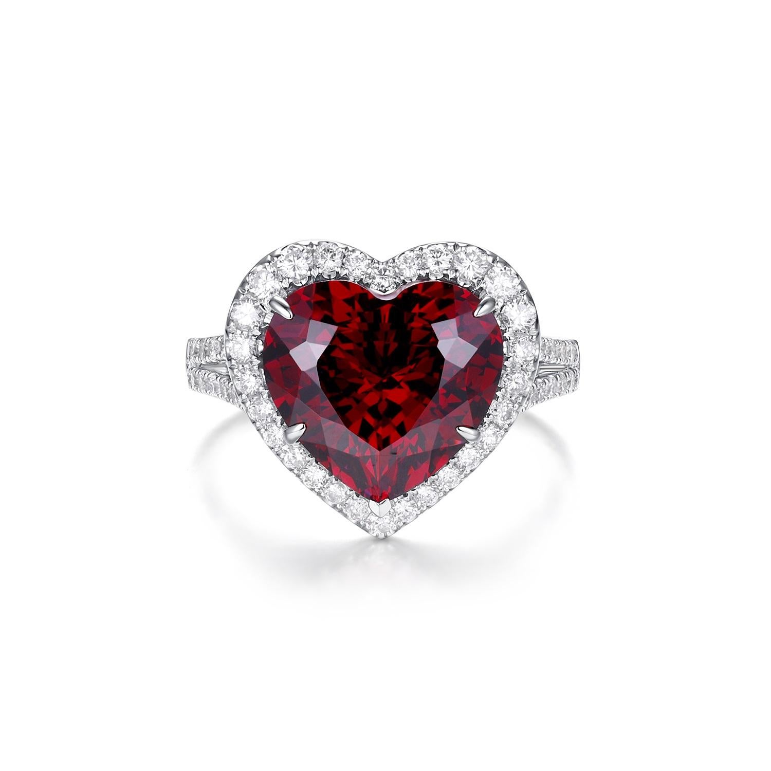 Contemporary GIA Certified 7.37 Carat Heart Garnet and Diamond Ring in 18K White Gold For Sale