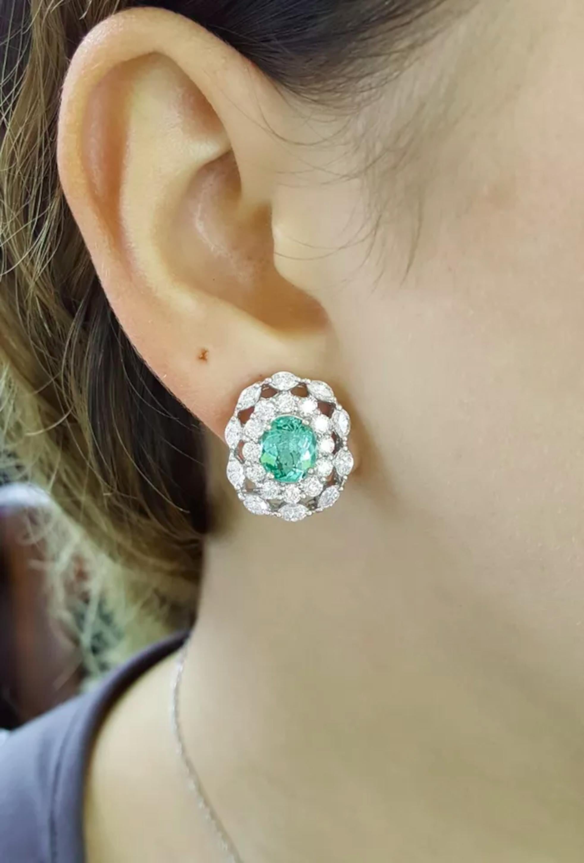 Contemporary GIA Certified 7.38 ct Total Weight Oval Paraiba Tourmaline & Diamond Earrings For Sale