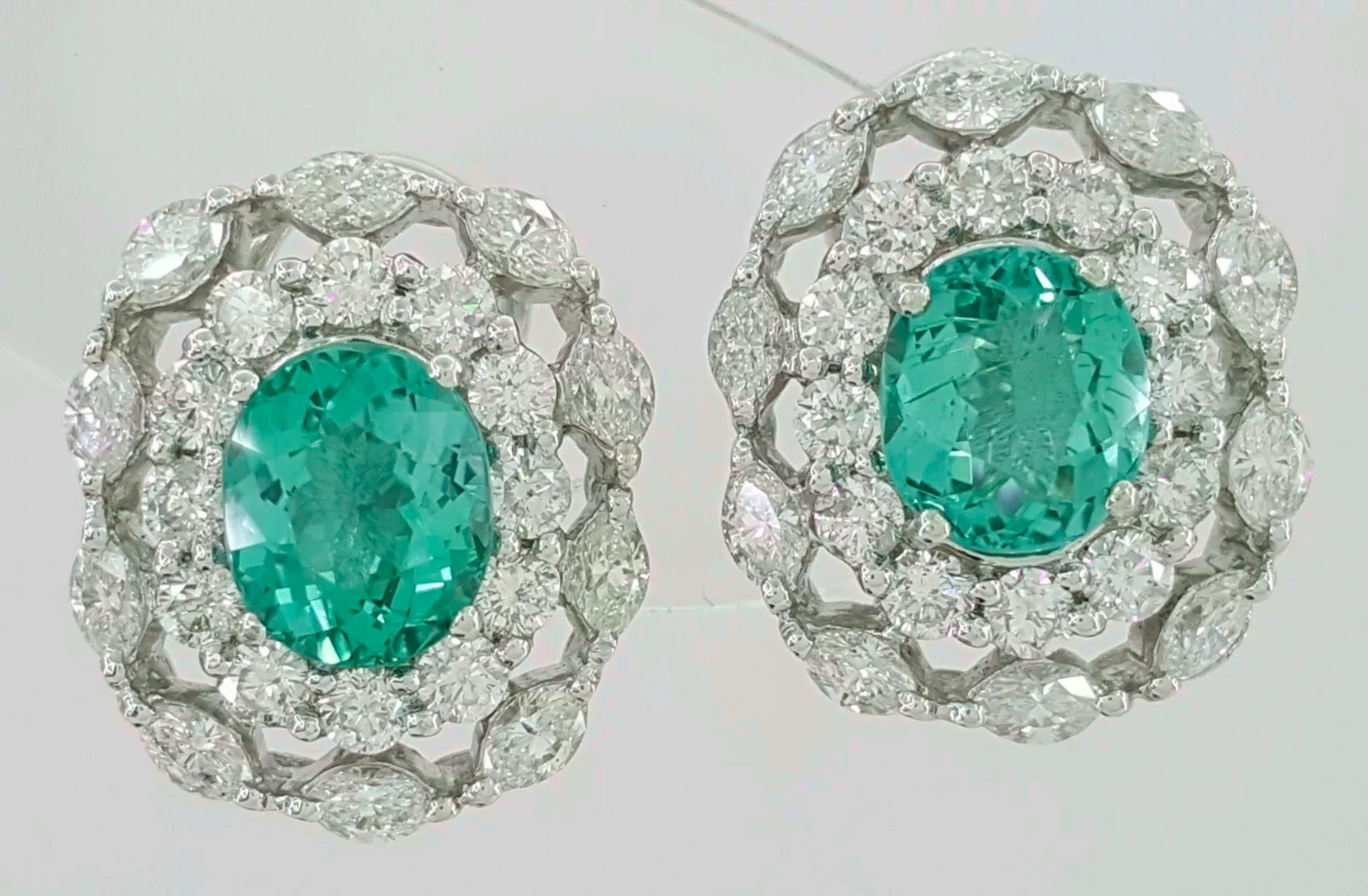 Oval Cut GIA Certified 7.38 ct Total Weight Oval Paraiba Tourmaline & Diamond Earrings For Sale