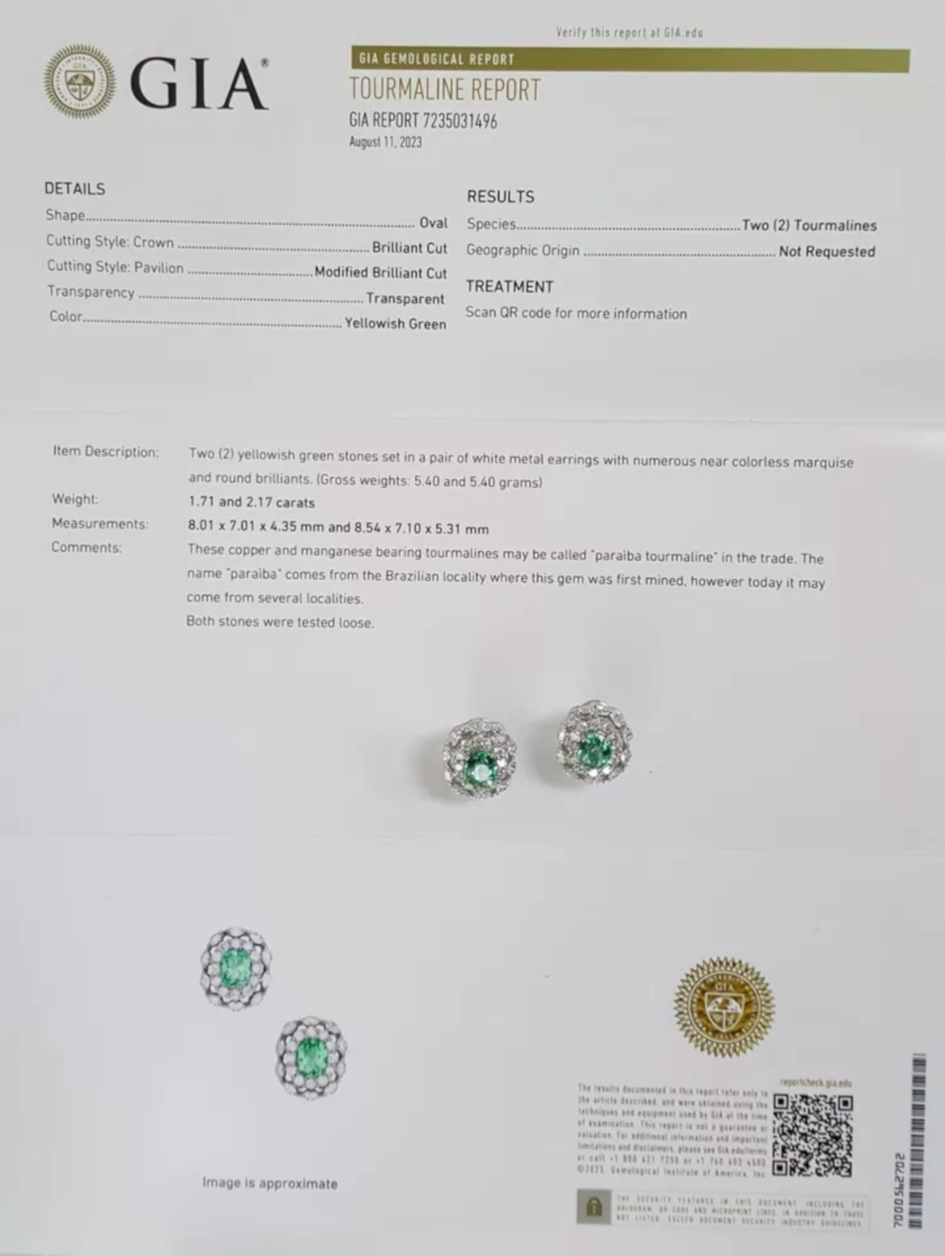 GIA Certified 7.38 ct Total Weight Oval Paraiba Tourmaline & Diamond Earrings In New Condition For Sale In Chicago, IL