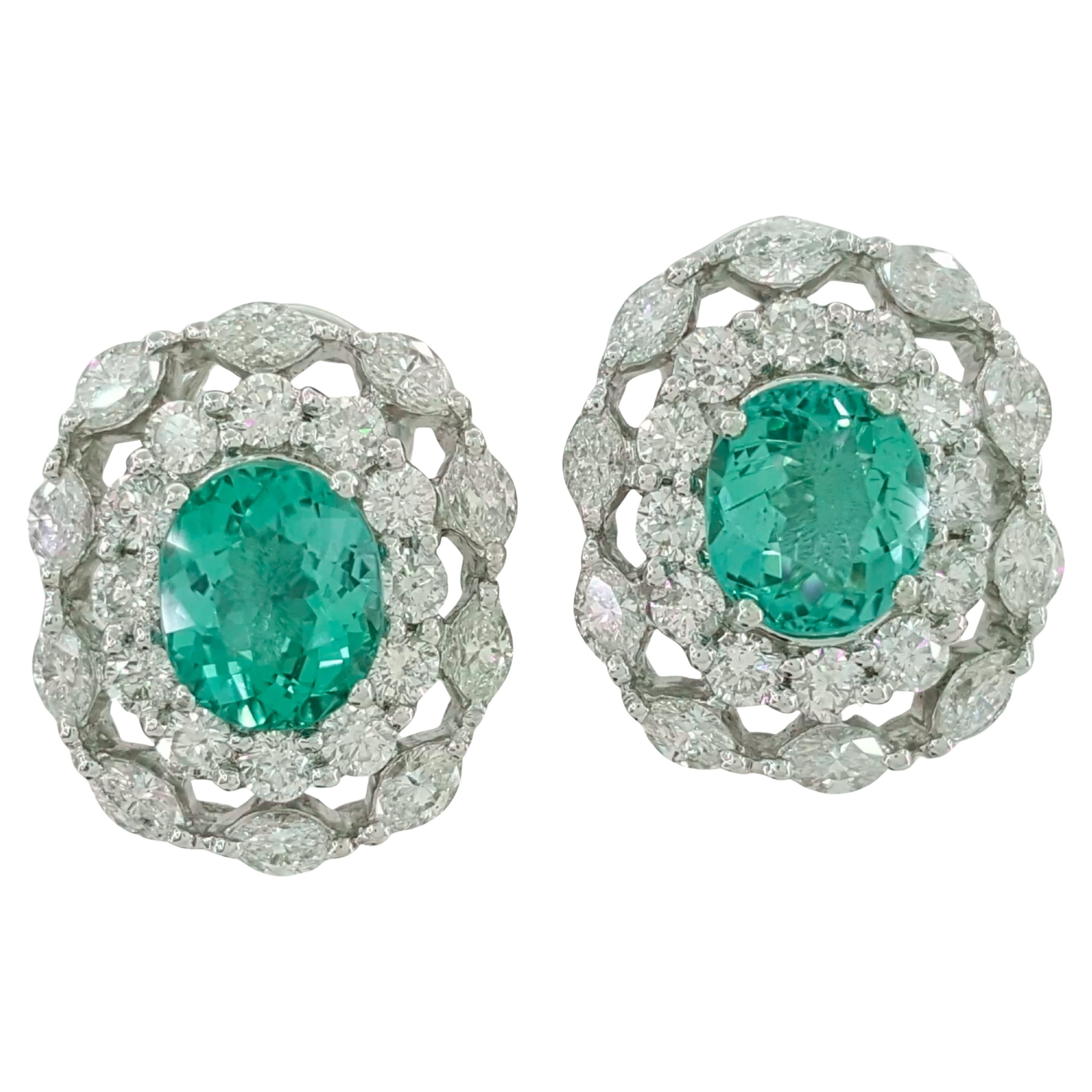 GIA Certified 7.38 ct Total Weight Oval Paraiba Tourmaline & Diamond Earrings