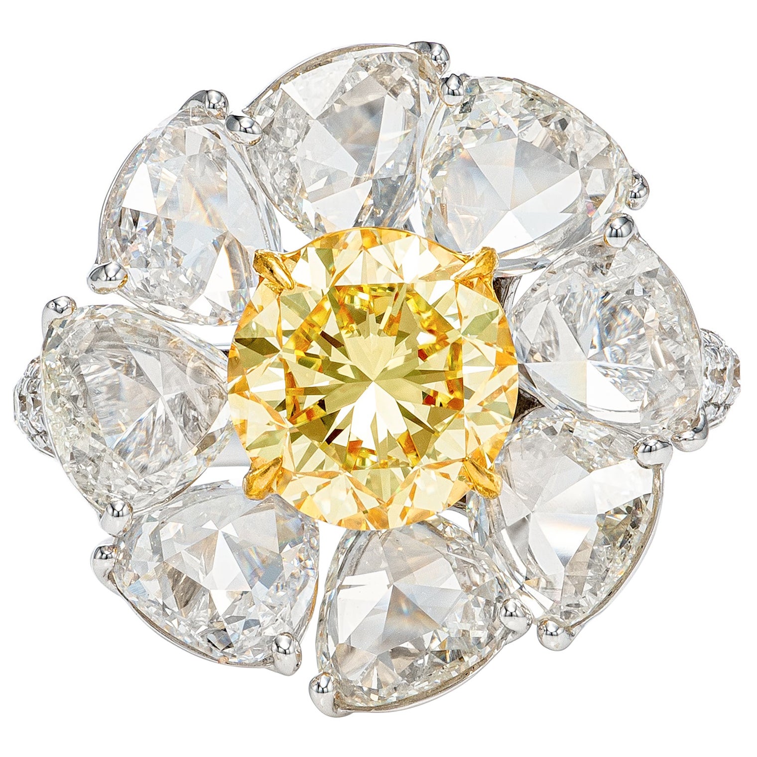 GIA Certified 7.39 Carat Daisy Fancy Yellow and White Diamond Ring in 18k Gold For Sale