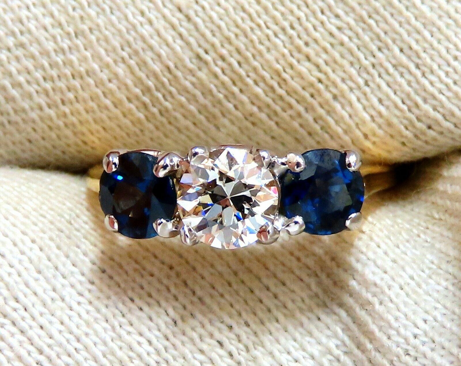 Round Cut GIA Certified .73ct Round Diamond Sapphires Three Stone Ring 14kt