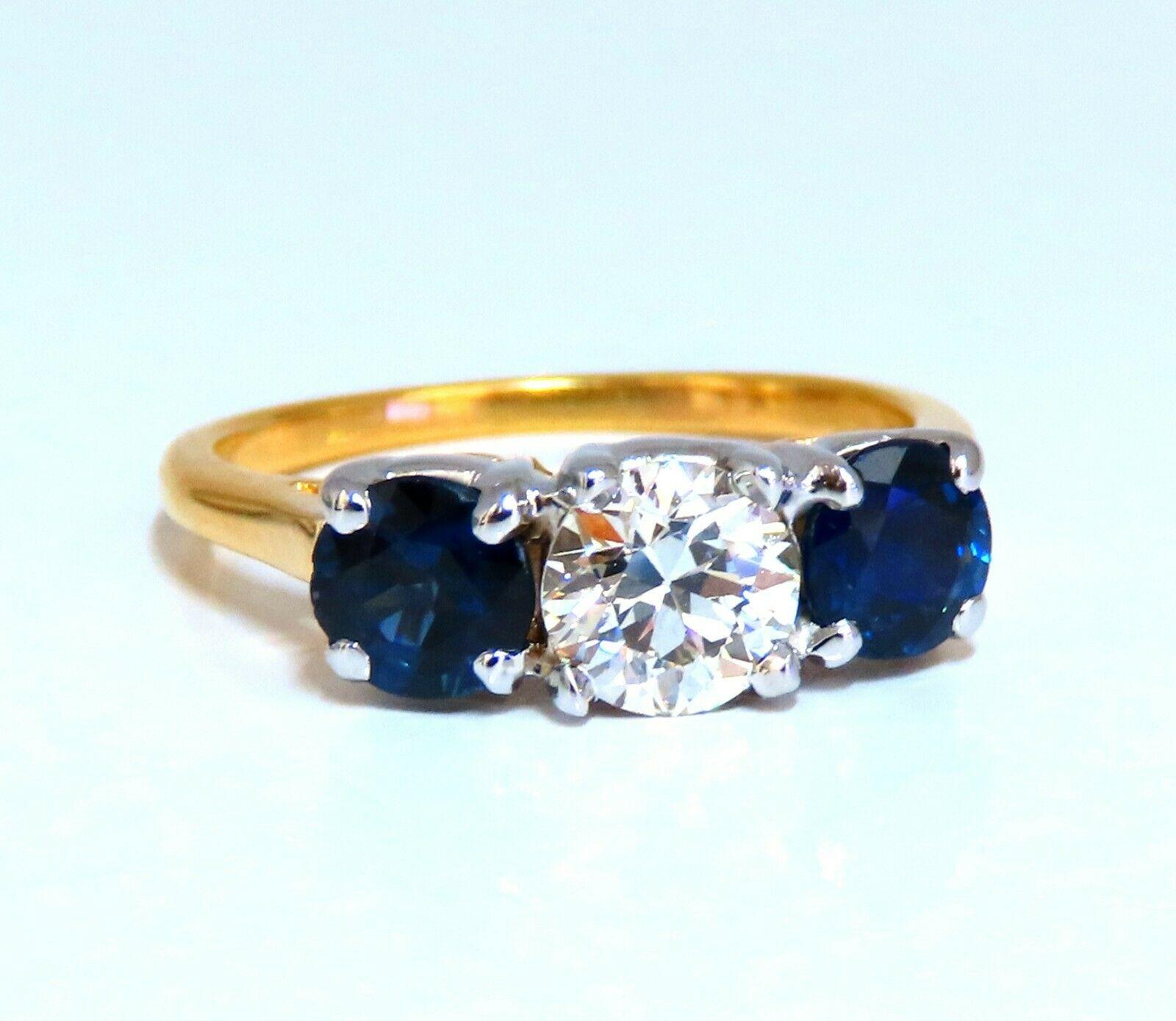 GIA Certified .73ct Round Diamond Sapphires Three Stone Ring 14kt 1