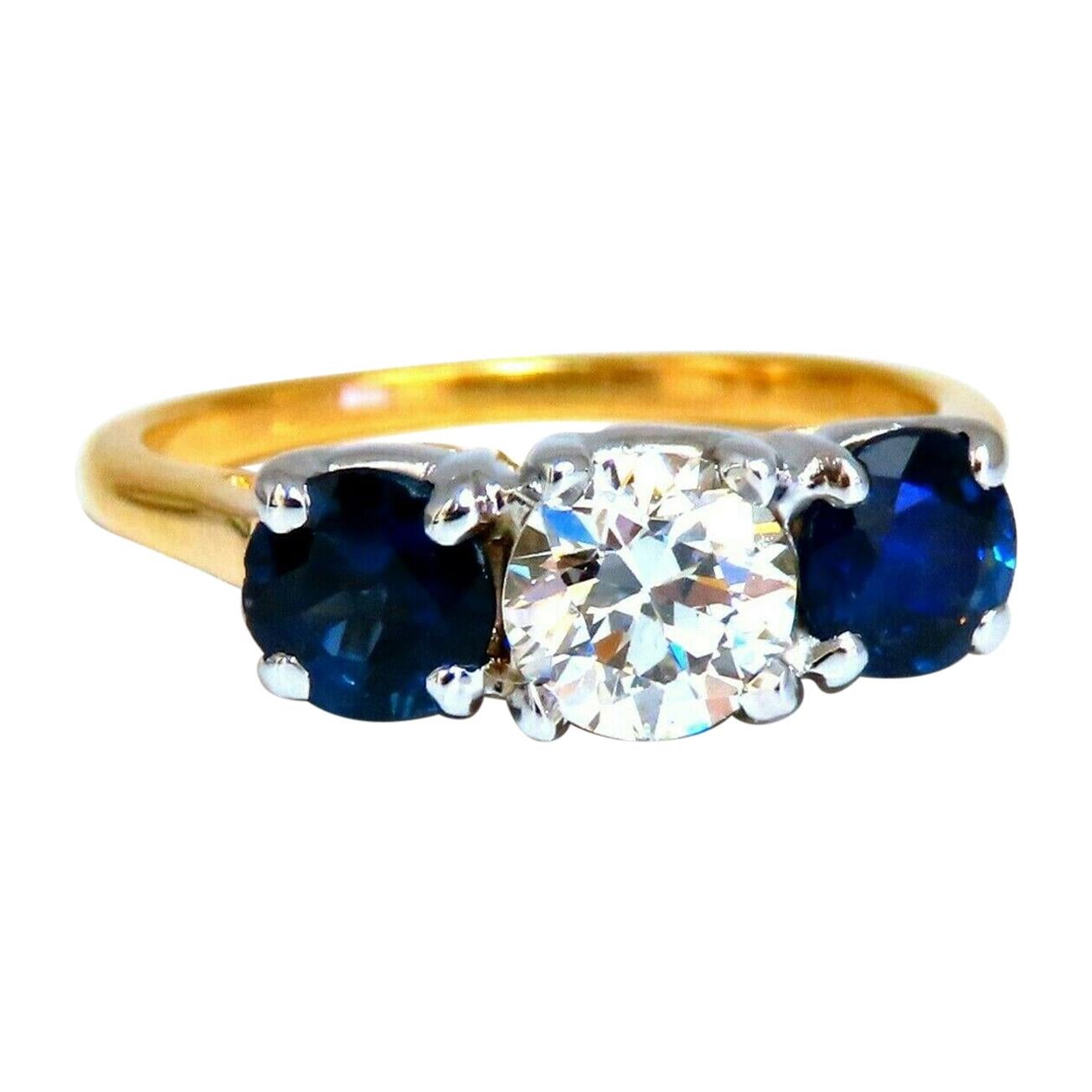 GIA Certified .73ct Round Diamond Sapphires Three Stone Ring 14kt