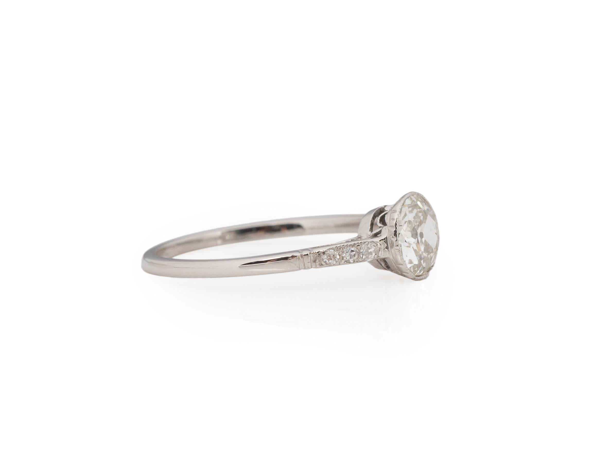 Ring Size: 7.5
Metal Type: 14K White Gold [Hallmarked, and Tested]
Weight: 1.5 grams

Center Diamond Details:
GIA LAB REPORT #: 519378737
Weight: .74ct
Cut: Old European brilliant
Color: I
Clarity: SI2
Measurements: 6.16mm x 5.82mm x 2.89mm

Side