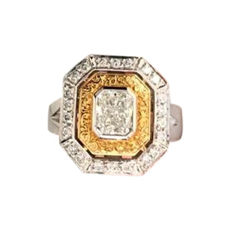 GIA Certified .74 Carat Radiant Cut Hand Engraved Rose & White Gold Diamond Ring For Sale