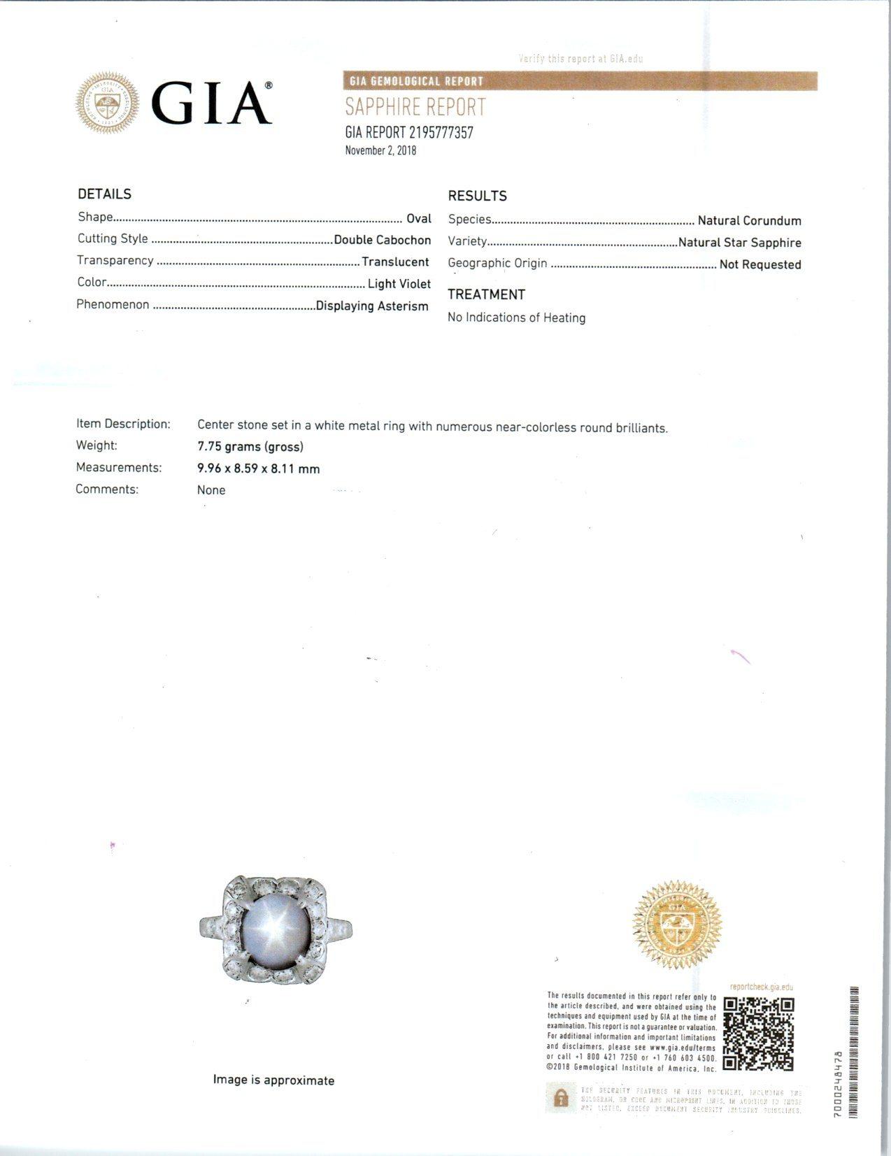 GIA Certified 7.40 Carat Star Sapphire Diamond Platinum Ring 3