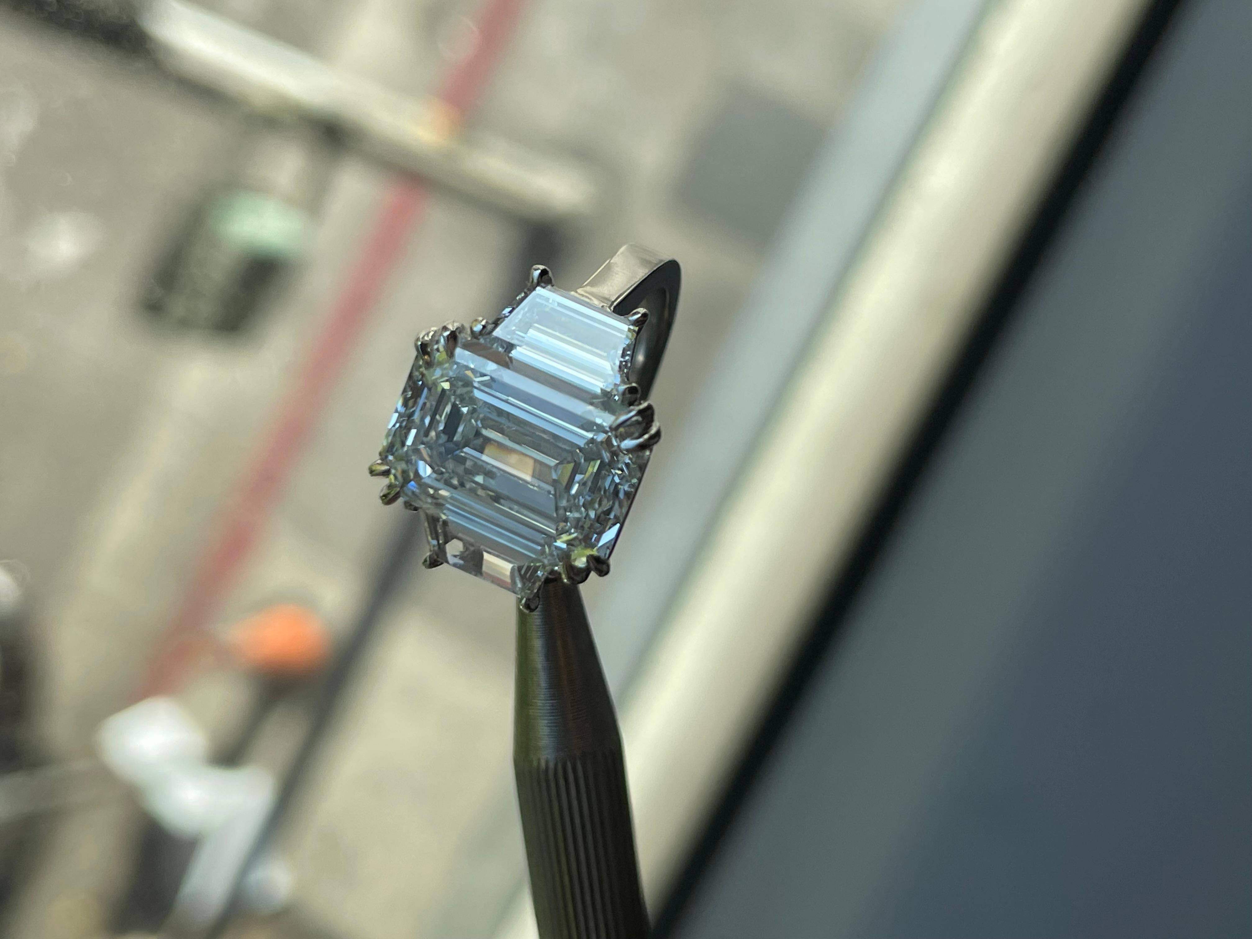 GIA Certified 7.41 Carat Emerald Cut Three-Stone Diamond Engagement Ring In New Condition For Sale In LA, CA