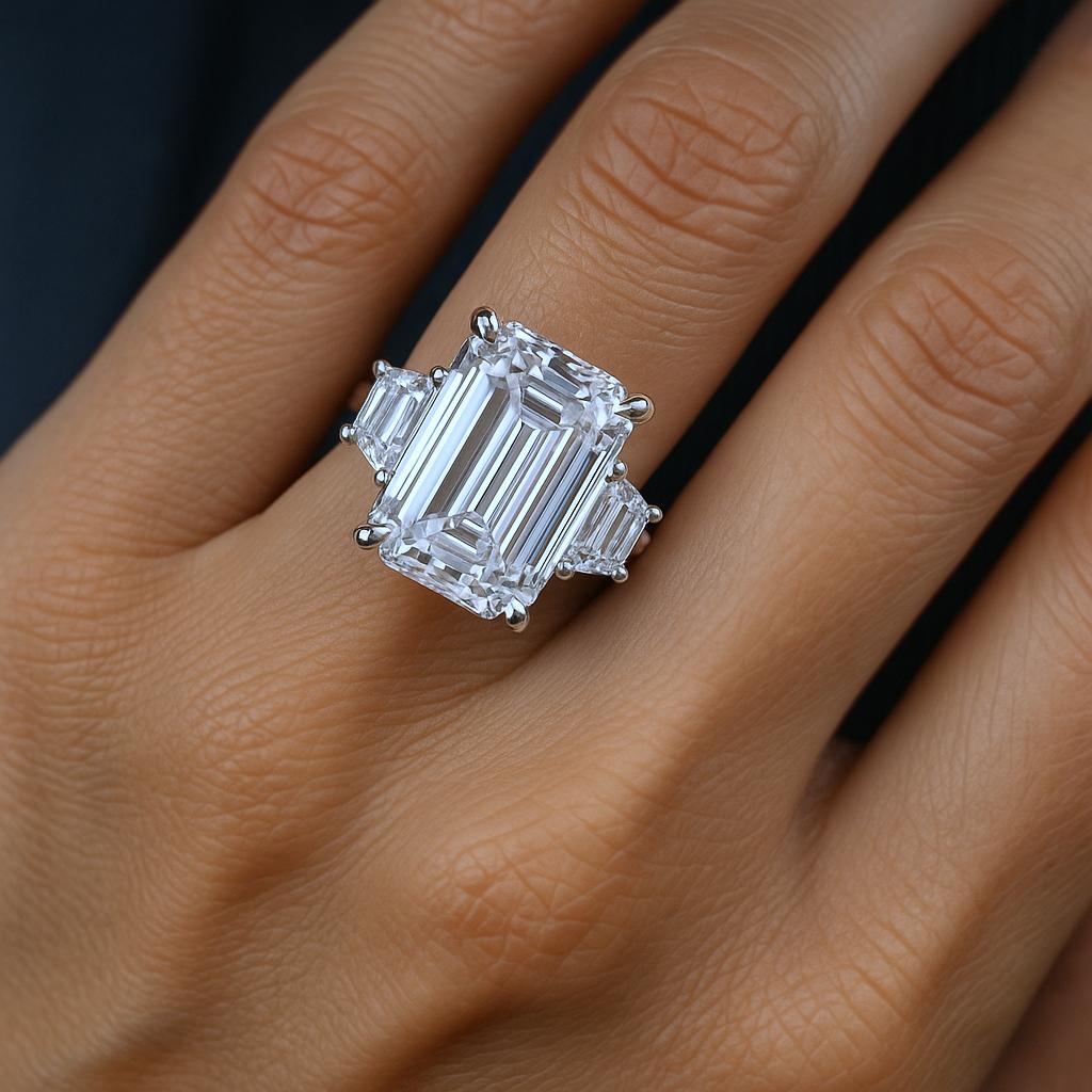 GIA Certified 7.73 Carat Emerald Cut Trapezoids diamond ring In New Condition For Sale In Chicago, IL