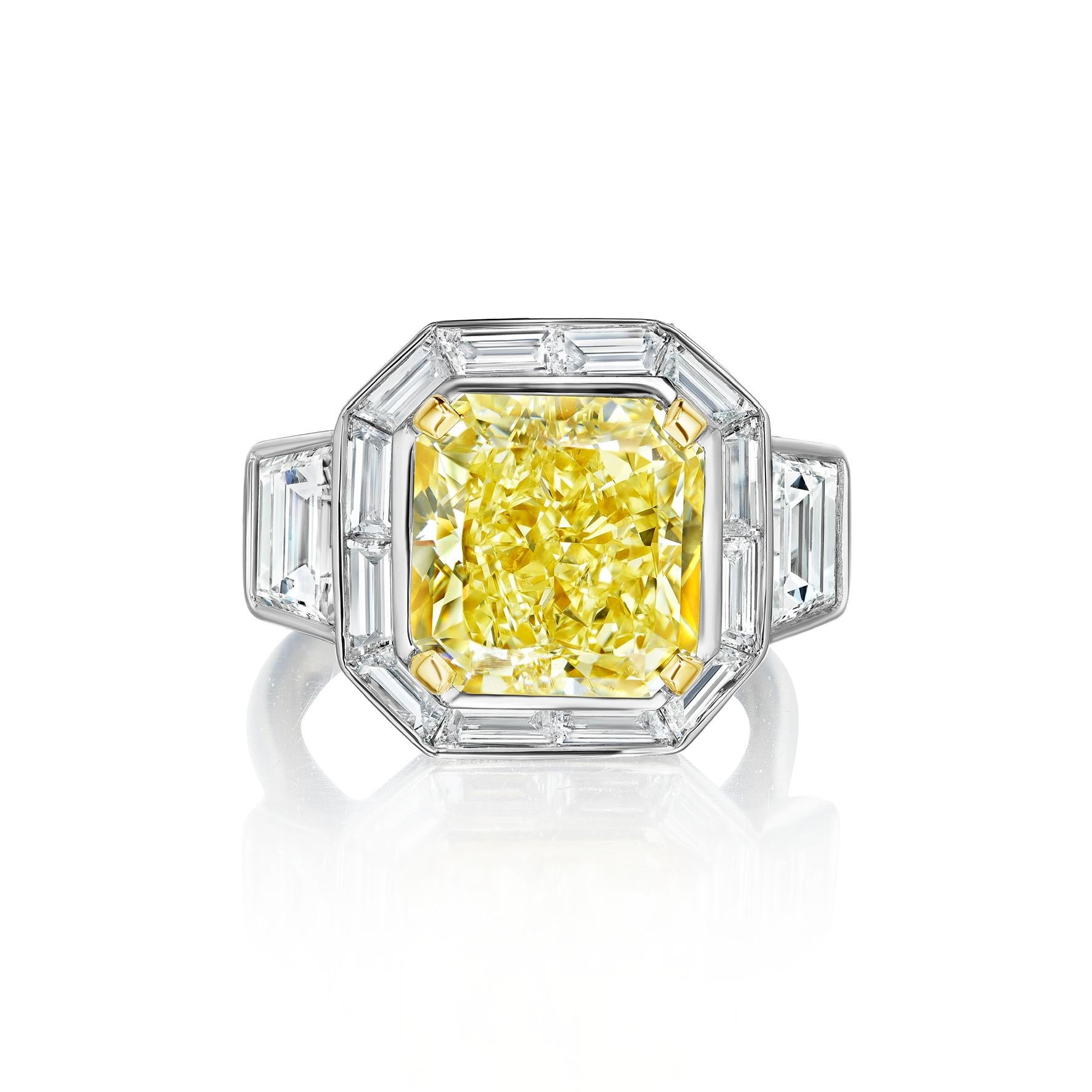Women's GIA Certified 7.43 Carat Yellow Diamond and Baguette Halo Ring For Sale