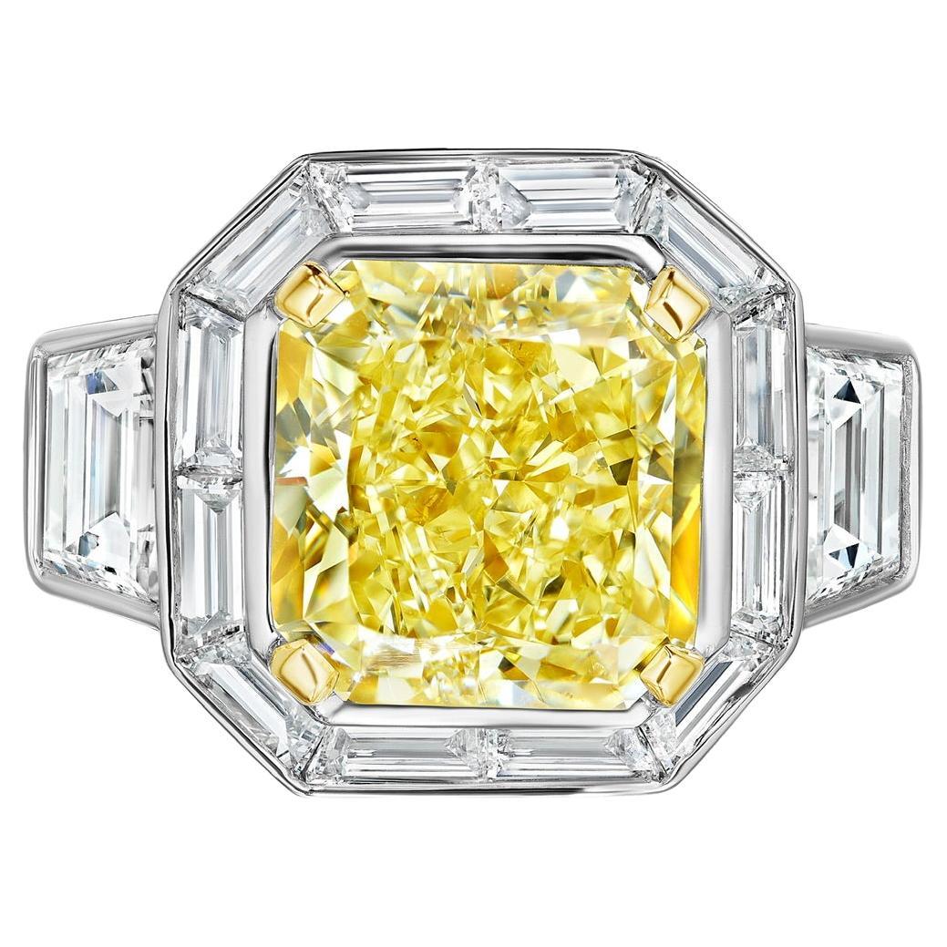GIA Certified 7.43 Carat Yellow Diamond and Baguette Halo Ring For Sale