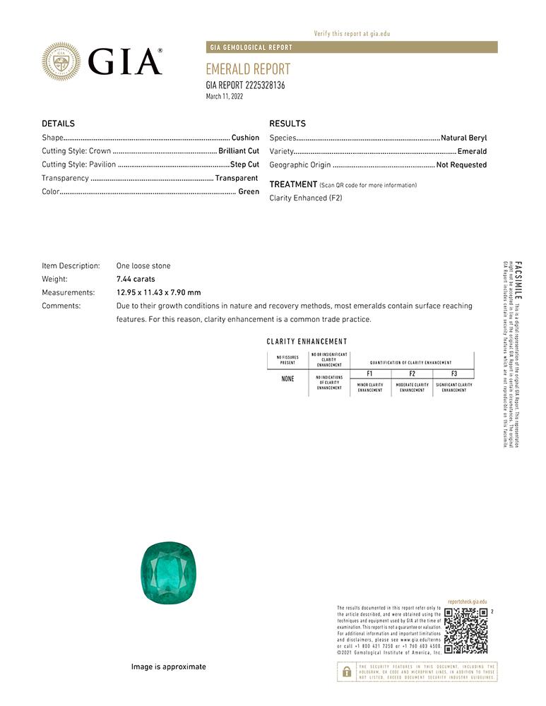 Anello in platino con smeraldo taglio cuscino da 7,44 carati certificato GIA In condizioni Nuovo in vendita a Chicago, IL