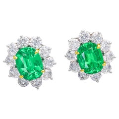 GIA Certified 7.44 Carat Emerald Diamond Flower Setting Platinum Earrings 