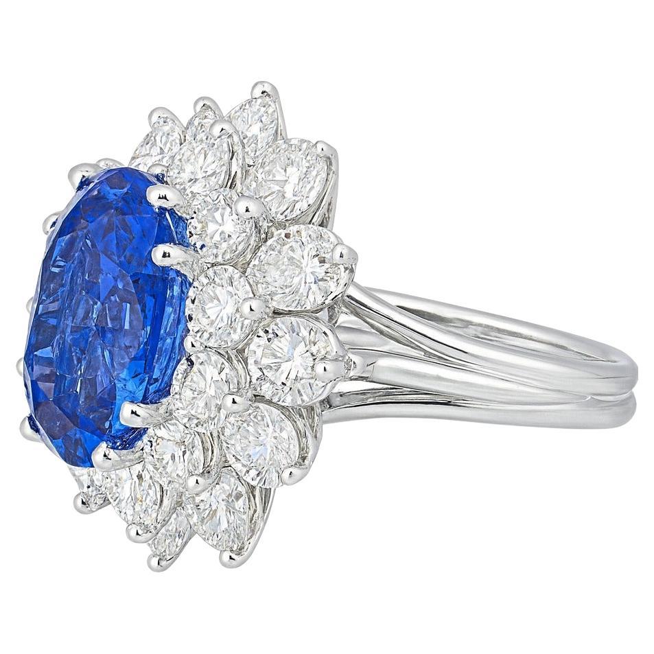 GIA Certified 7.44 Carat Unheated Blue Sapphire and Diamond Platinum Ring

An extraordinary 7.44 carat natural oval sapphire, certified by GIA takes center stage in this magnificent platinum ring. This sapphire is of exceptional transparency,