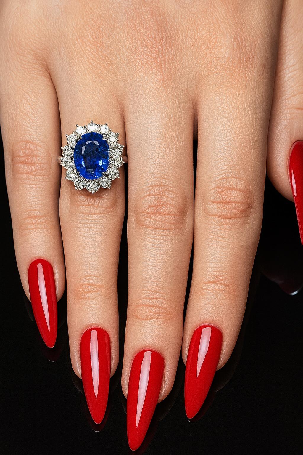 Oval Cut GIA Certified 7.44 Carat Unheated Blue Sapphire and Diamond Platinum Ring For Sale