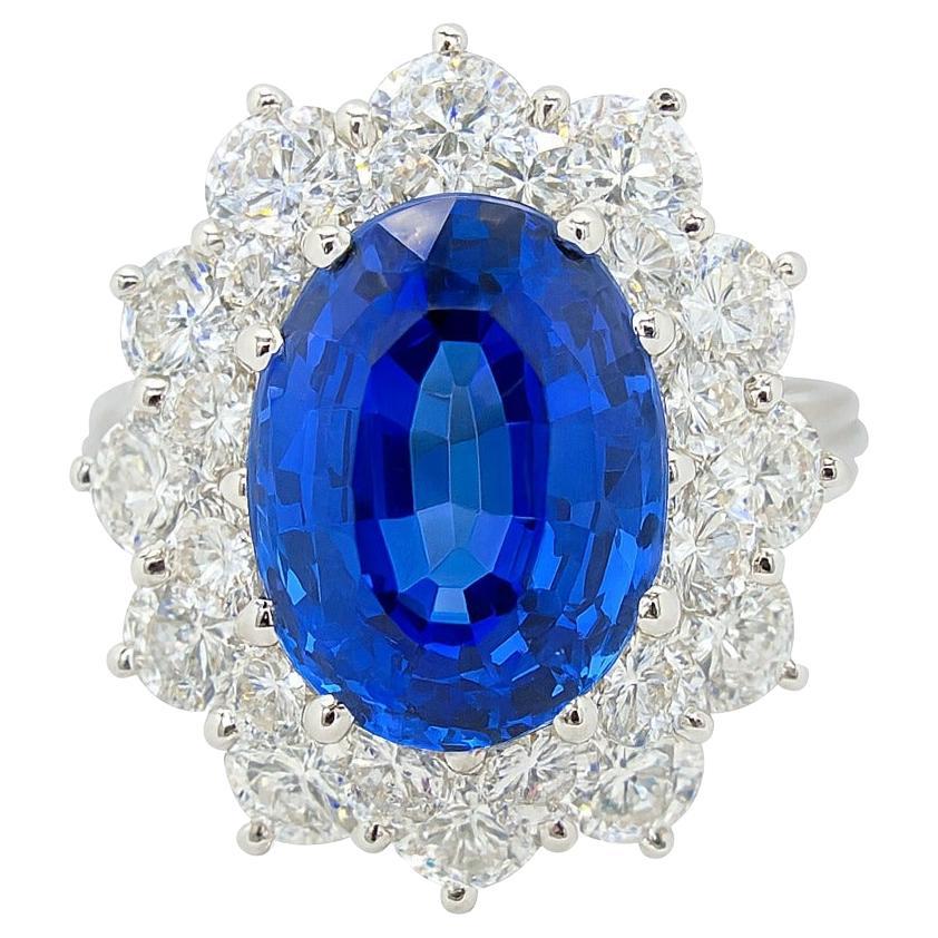 GIA Certified 7.44 Carat Unheated Blue Sapphire and Diamond Platinum Ring For Sale