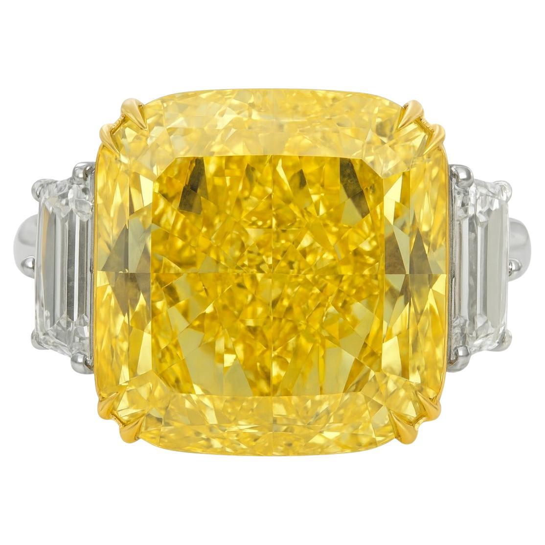 GIA Certified 7.45 Carat Fancy Yellow Cushion Cut Diamond Ring