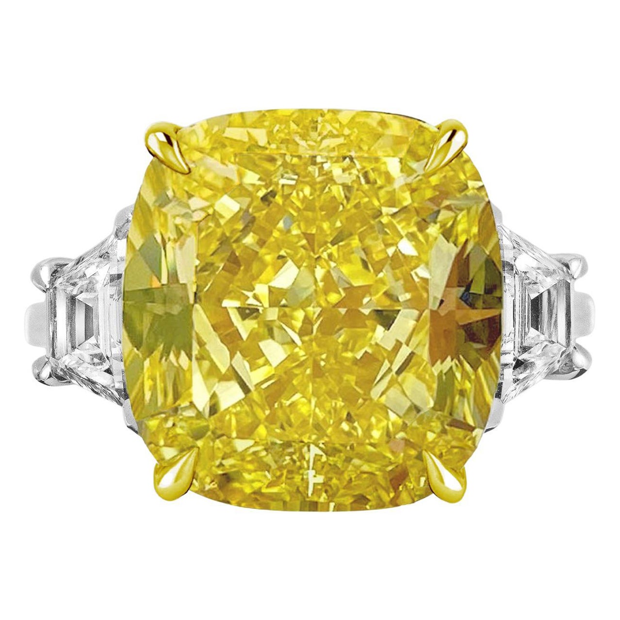 GIA-zertifizierter 7,46 Karat Fancy Yellow Internally Flawless Cushion Modified Brilliant Diamantring in 18K Gelbgold und Platin

Ein außergewöhnlicher und seltener GIA-zertifizierter natürlicher fancy-gelber Diamant mit einem Gewicht von 7,46