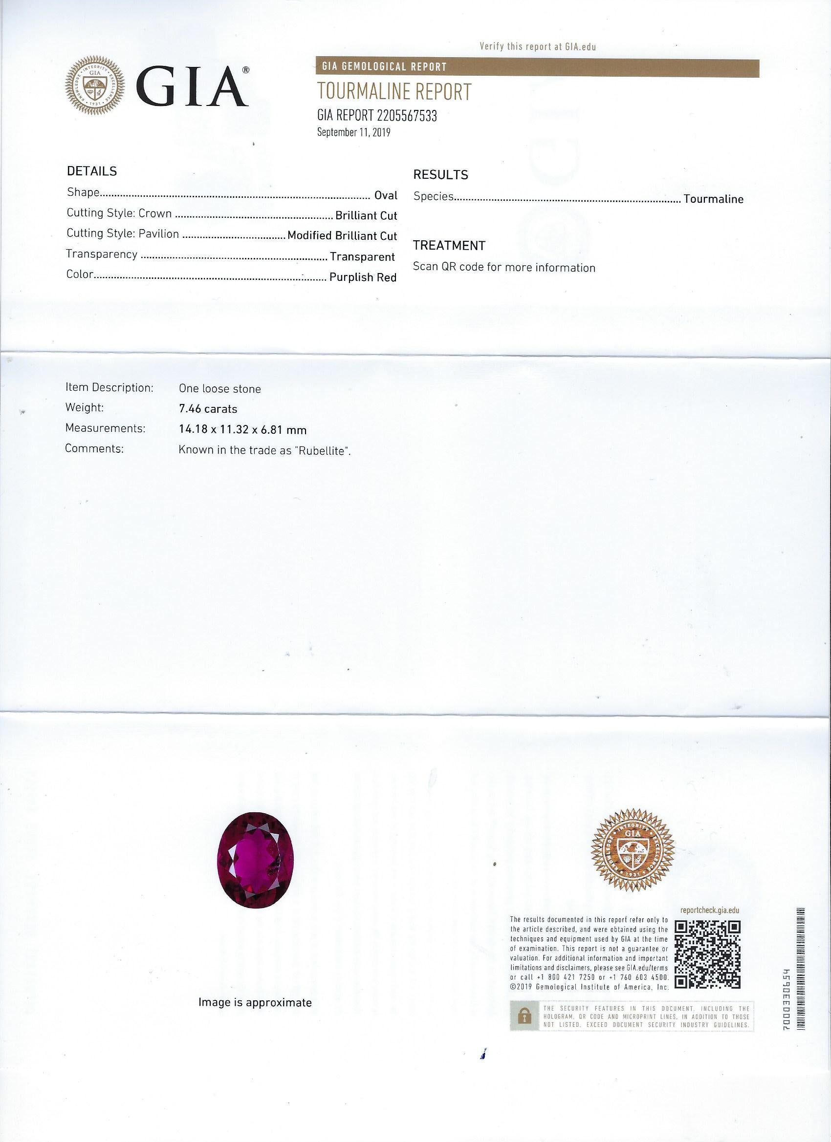 GIA Certified, Awesome 7.46 Kt Natural Oval Cut Red Tourmaline(Rubelite) in a Sumptuos 0.92Kt(F-G, Vvs1) Top Quality White Diamond, 0.52Kt Ruby 18Kt White Gold Setting.
Us size 6 
French size 52
In our Smart Dark Brown Suede Leather Box
We offer