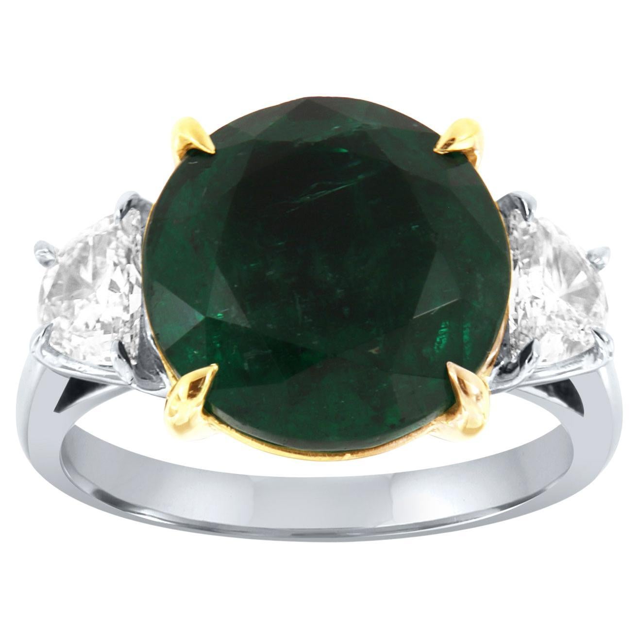 Bague en platine et or 18 carats avec émeraude verte ronde certifiée GIA de 7,47 carats et diamant demi-lune