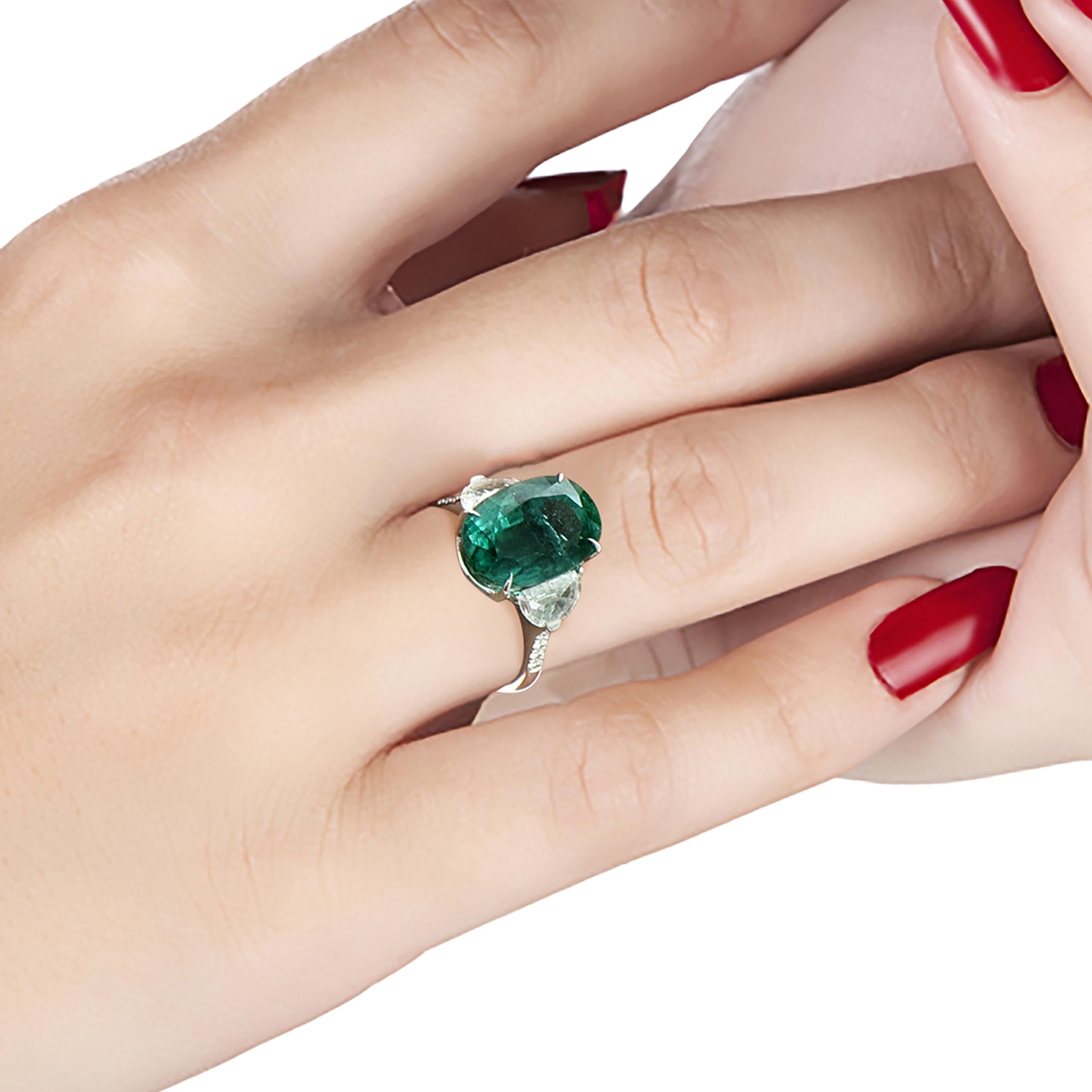 Modern Laviere GIA Certified 7.49 Carat Zambian Emerald and Diamond Ring For Sale