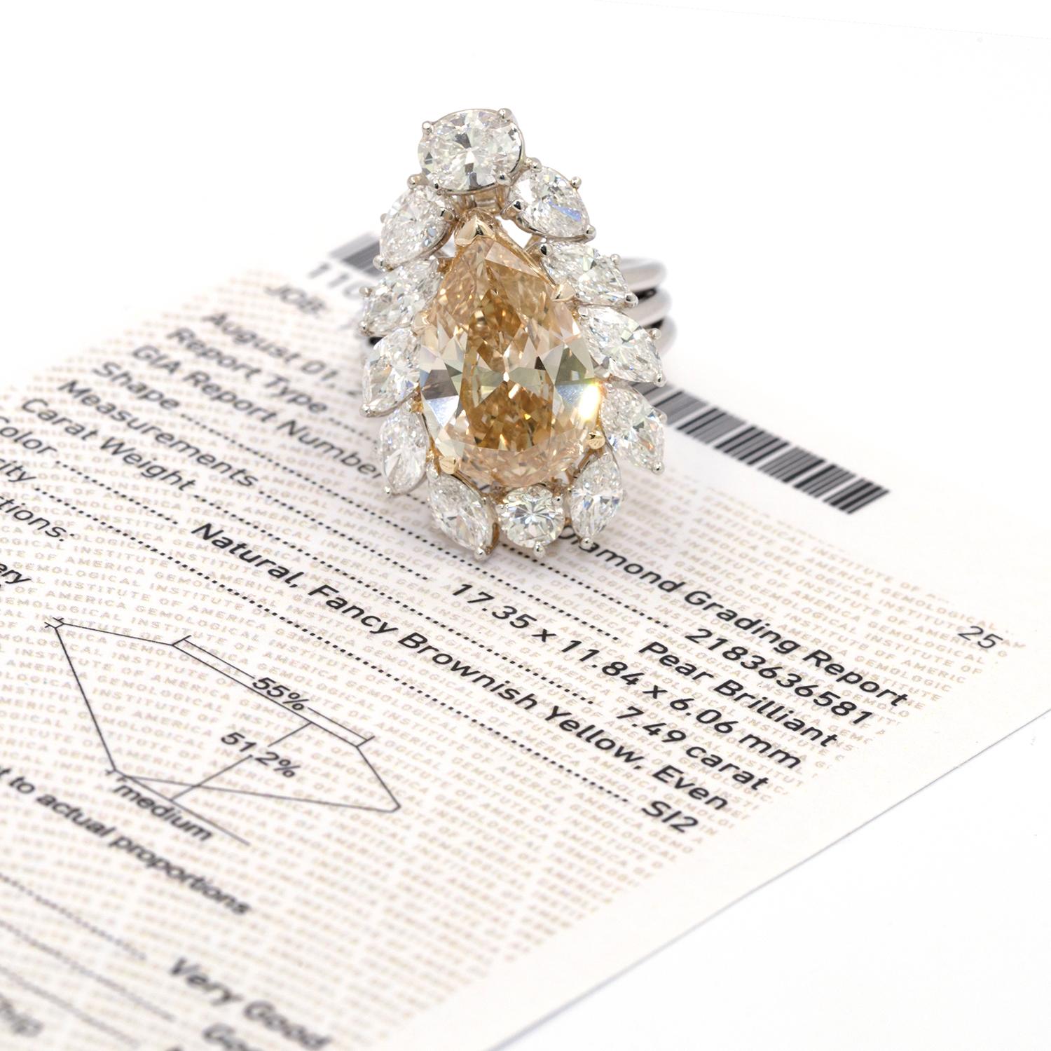 GIA Certified 7.49 Cart Pear Shaped Fancy Brownish Yellow Diamond Ringdent In Good Condition For Sale In New York, NY