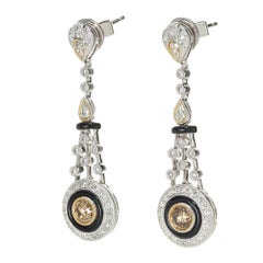 GIA Certified .75 Carat Brown Diamond Onyx White Gold Dangle Earrings