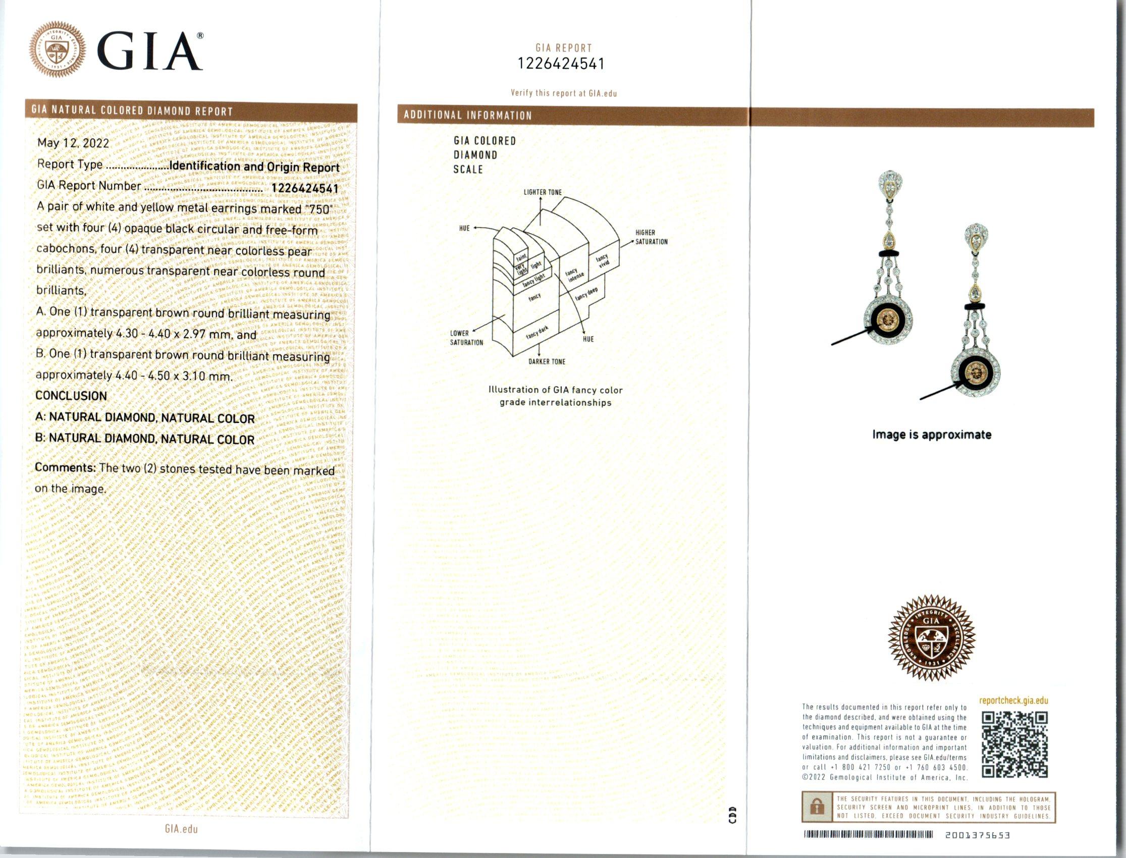 GIA-zertifizierte 0,75 Karat braune Diamant-Onyx-Ohrringe aus Weißgold im Zustand „Gut“ im Angebot in Stamford, CT