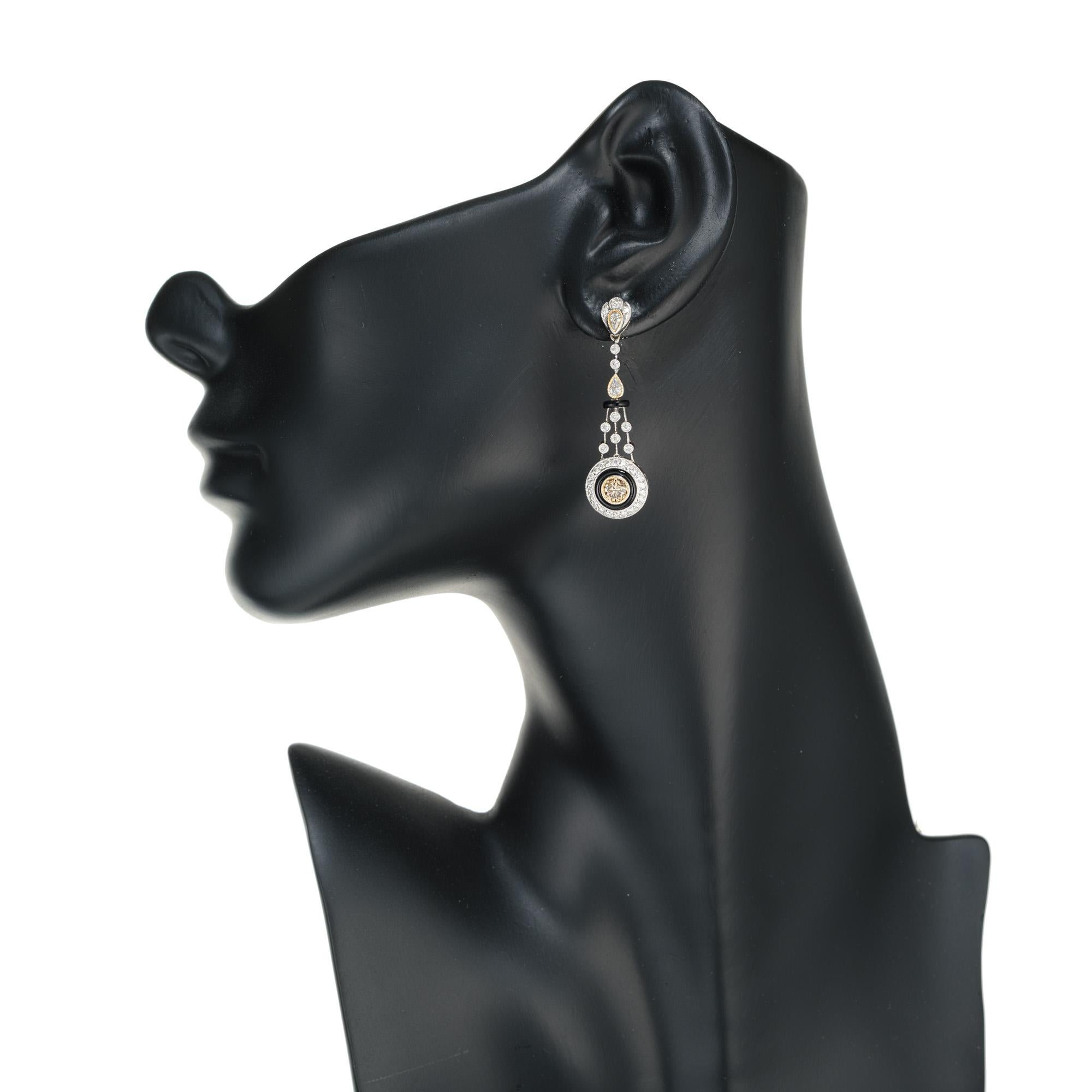 GIA Certified .75 Carat Brown Diamond Onyx White Gold Dangle Earrings For Sale 1