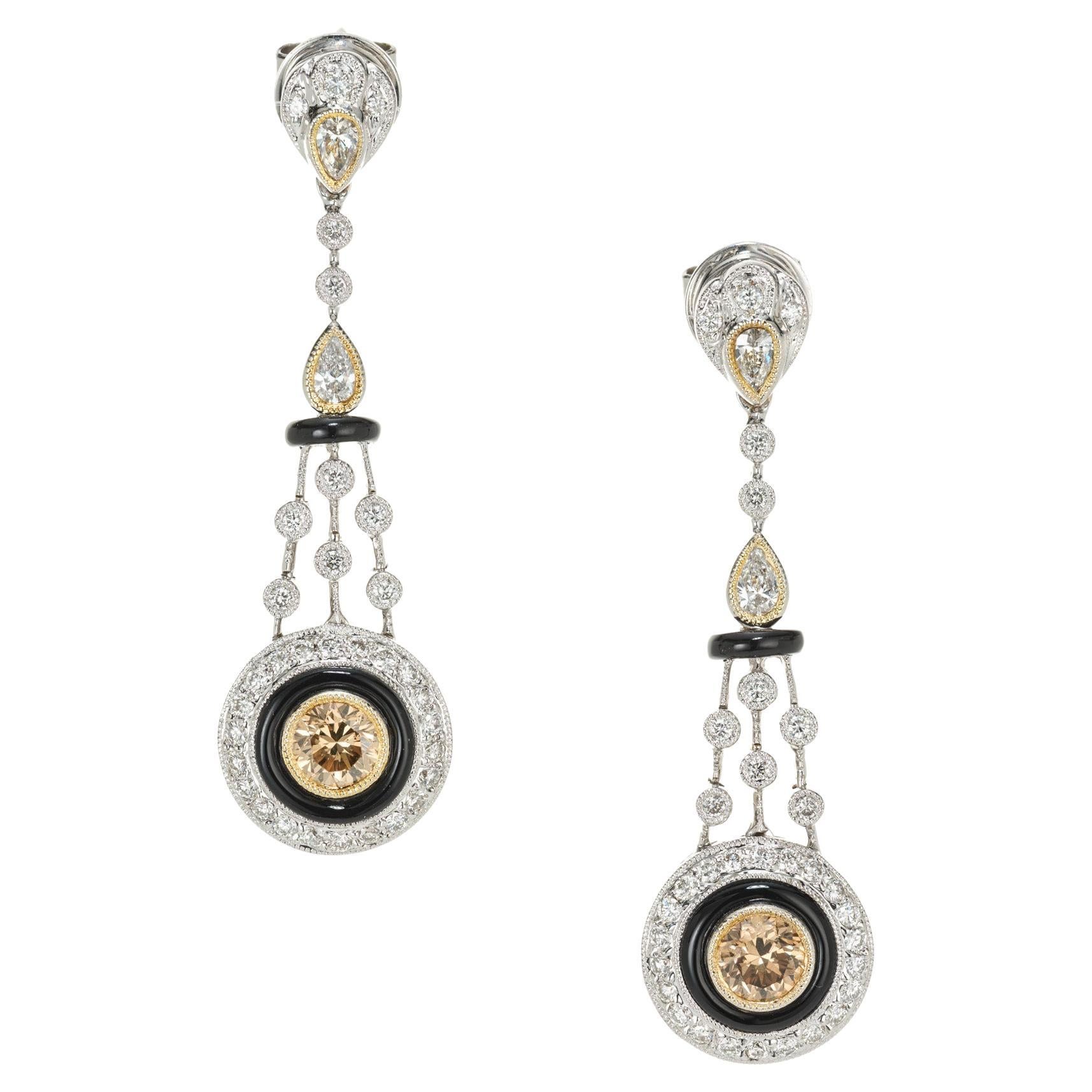 GIA Certified .75 Carat Brown Diamond Onyx White Gold Dangle Earrings For Sale