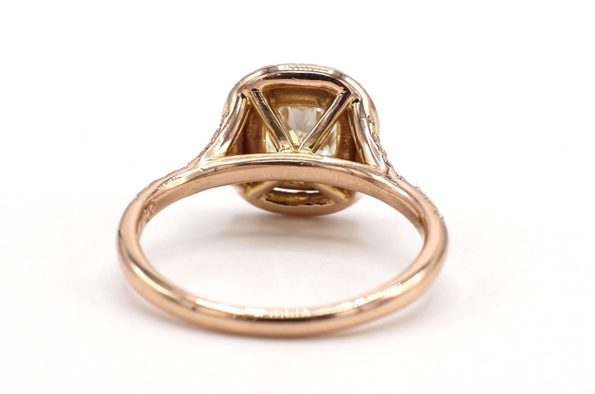 Modern GIA Certified .75 Carat G VS1 Cushion Double Halo Rose Gold Engagement Ring For Sale