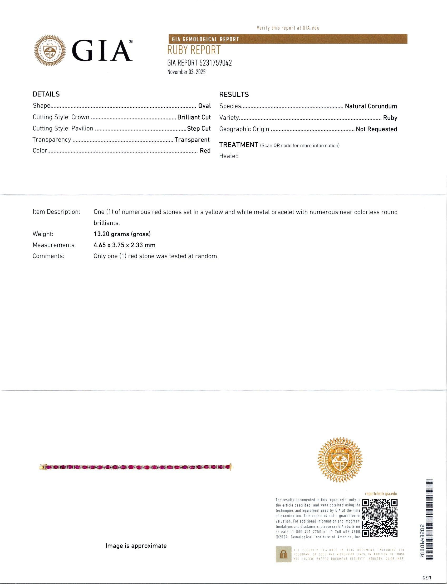 GIA Certified 7.5 Carat Oval Ruby Diamond Yellow Gold Bracelet en Excelente estado para la venta en Stamford, CT