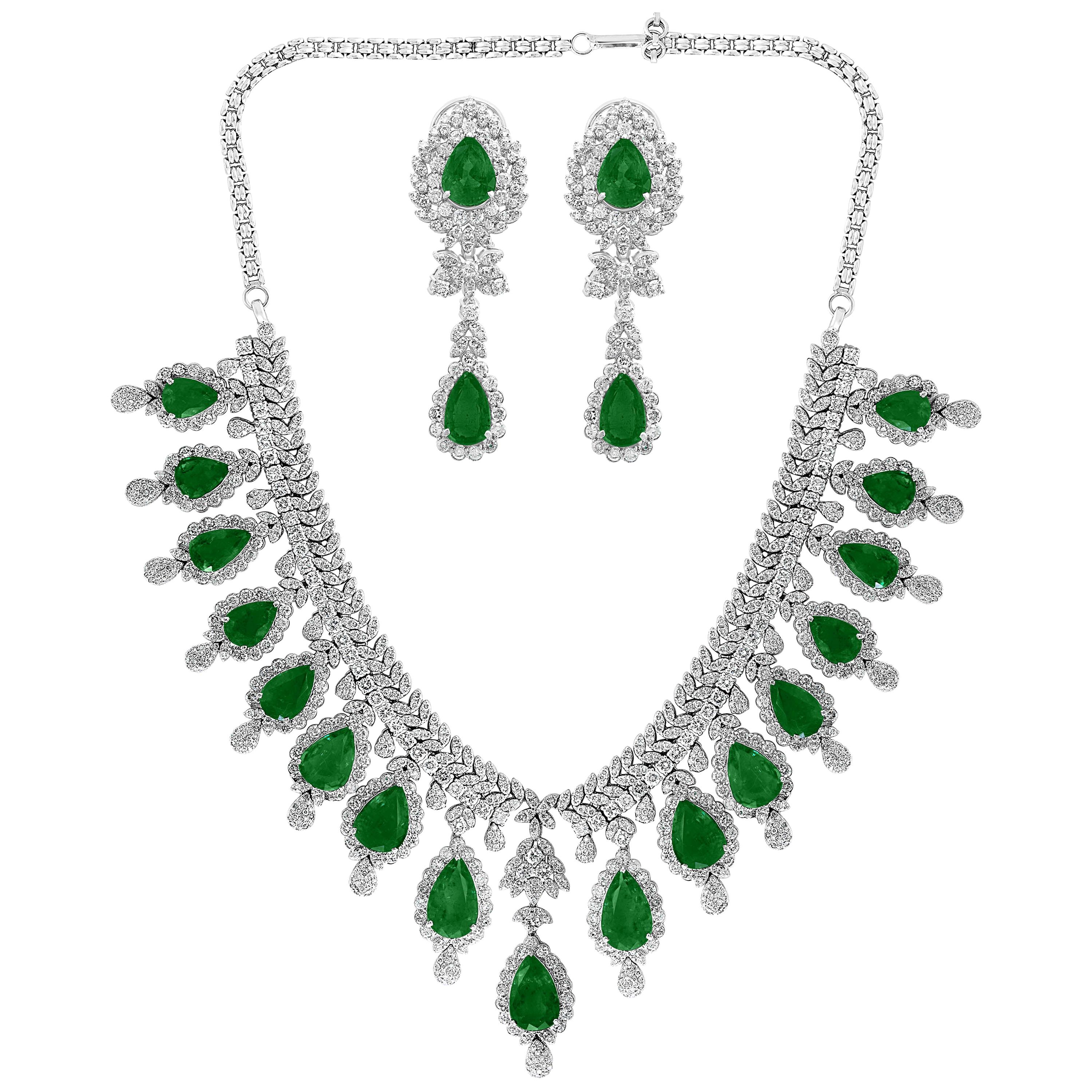GIA Certified 75 Ct Emerald and 45 Ct Diamond Necklace and Earring Bridal Suite