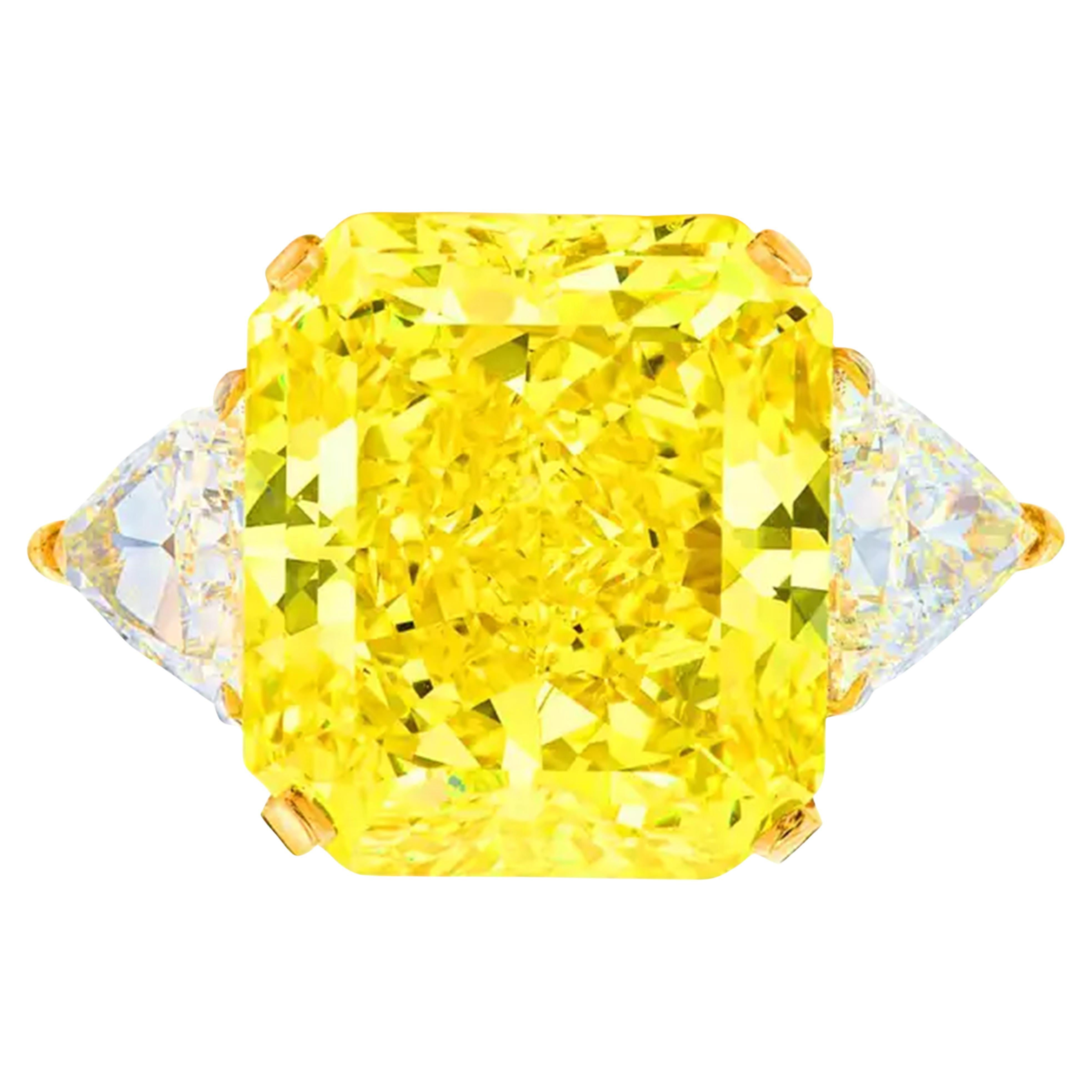 GIA Certified 7.50 Carat Fancy Intense Yellow Radiant 18K Yellow Gold Ring