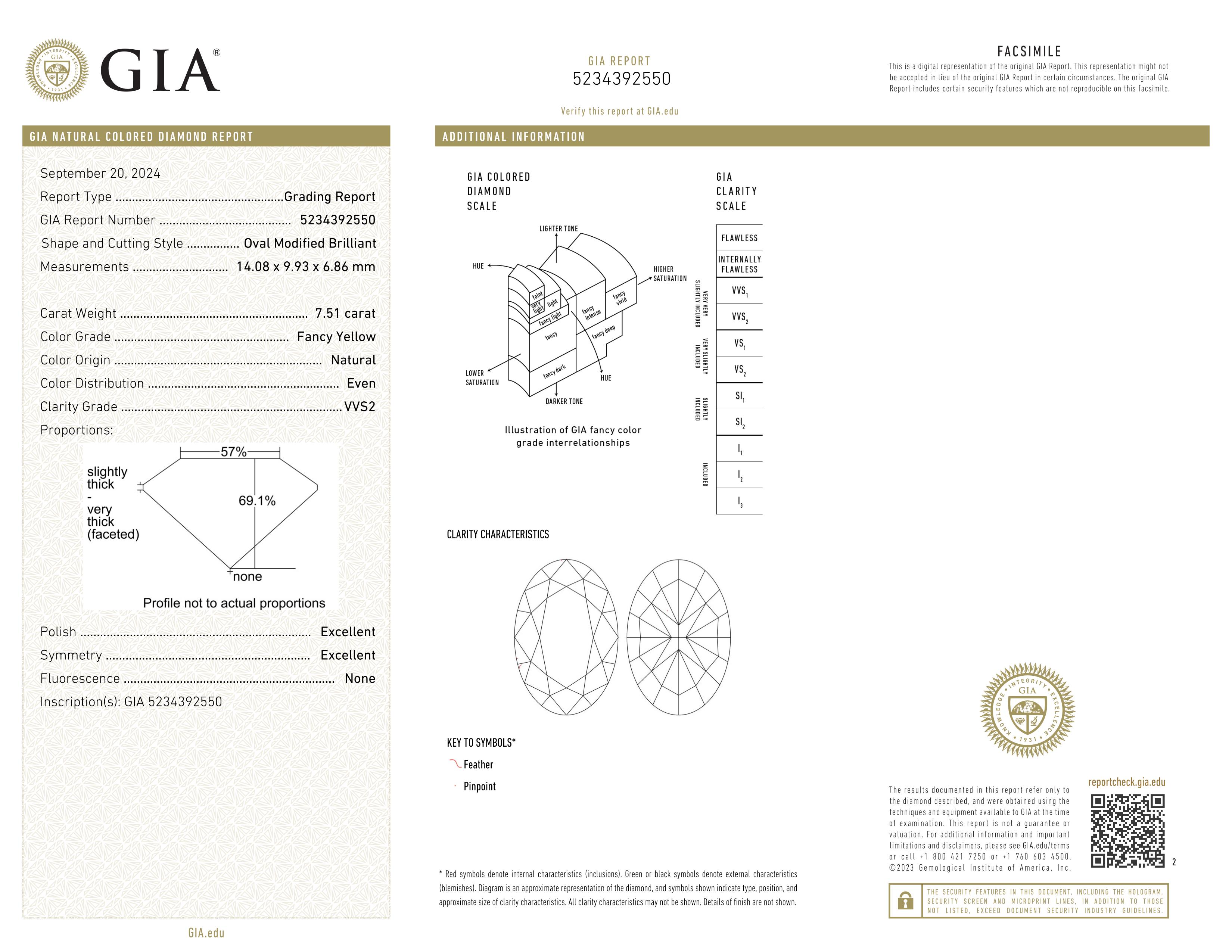 Certificato GIA da 7.50 carati. Anello in platino con diamante giallo taglio ovale Fancy Yellow In condizioni Nuovo in vendita a Chicago, IL