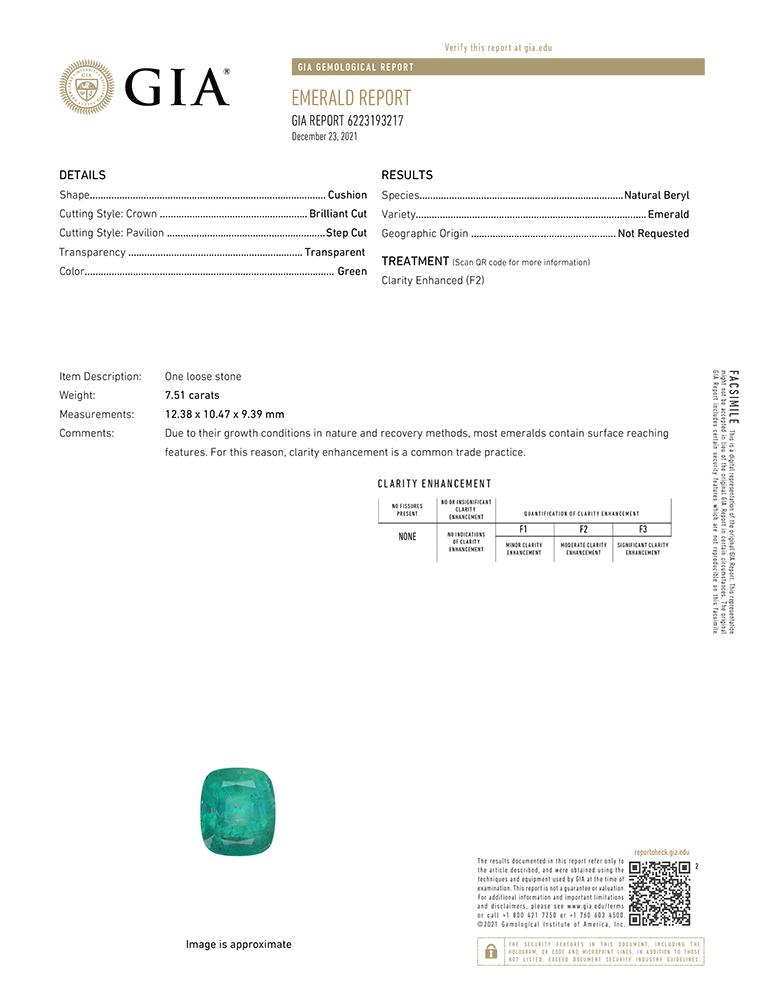 Cushion Cut GIA Certified 7.51 Ct. VIVID GREEN Insignificant Oil Emerald Diamond Ring For Sale