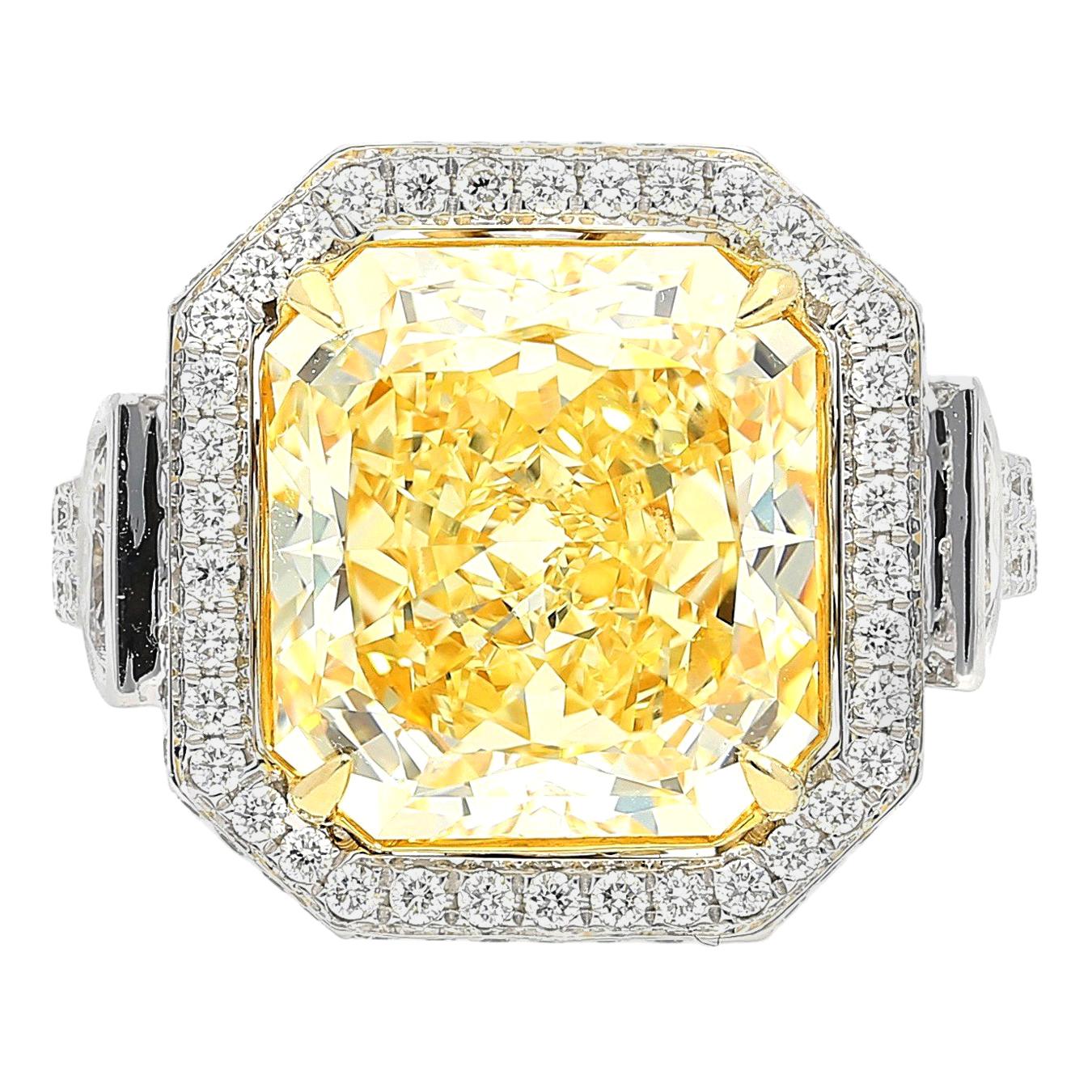 GIA Certified 7.52 Carat Radiant-Cut VVS2 Clarity Fancy Yellow Diamond Ring For Sale