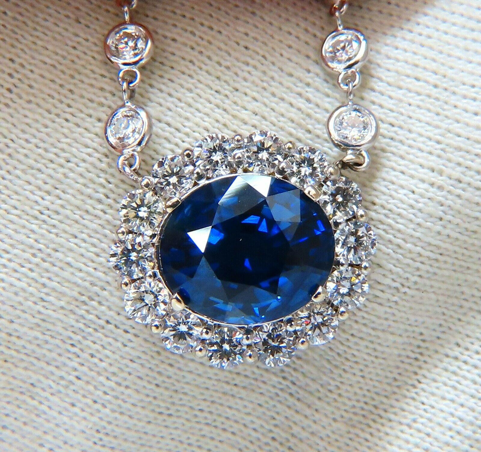Sapphire Cluster Halo Linked

No Heat, Royal Blue Oval sapphire Necklace

7.53ct. GIA Certified

Report: 2195954751

Natural, No Enhancements.

Royal Blue & Transparent 

VS Clean Clarity.

12.71 X 10.84 X 6.61mm

3.00ct side natural round