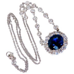 Gia Certified 7.53Ct Natural No Heat Blue Sapphire 3Ct Diamonds Necklace 14Kt