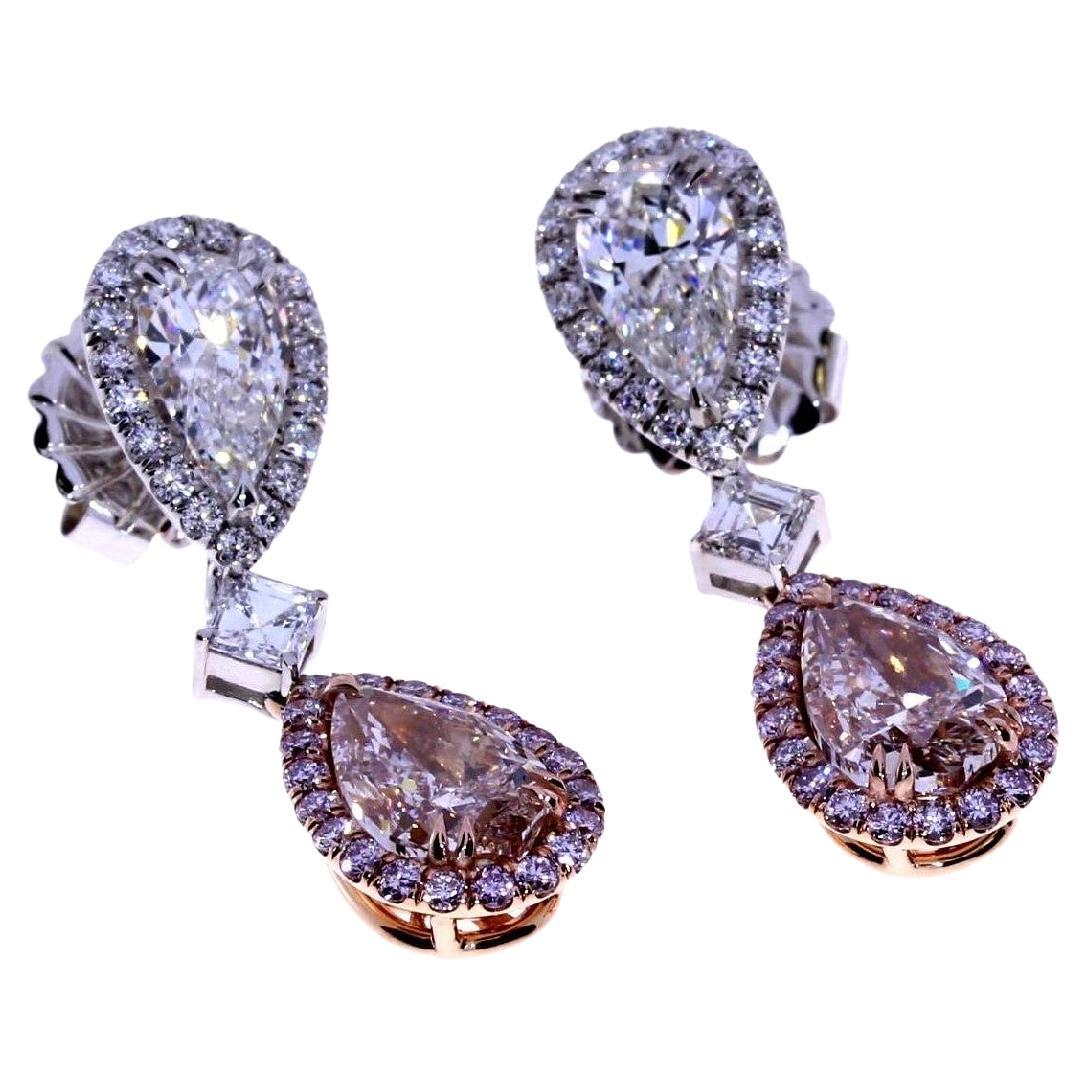 GIA Certified 7.59ct Pink and White Diamond Pear Shape Earrings