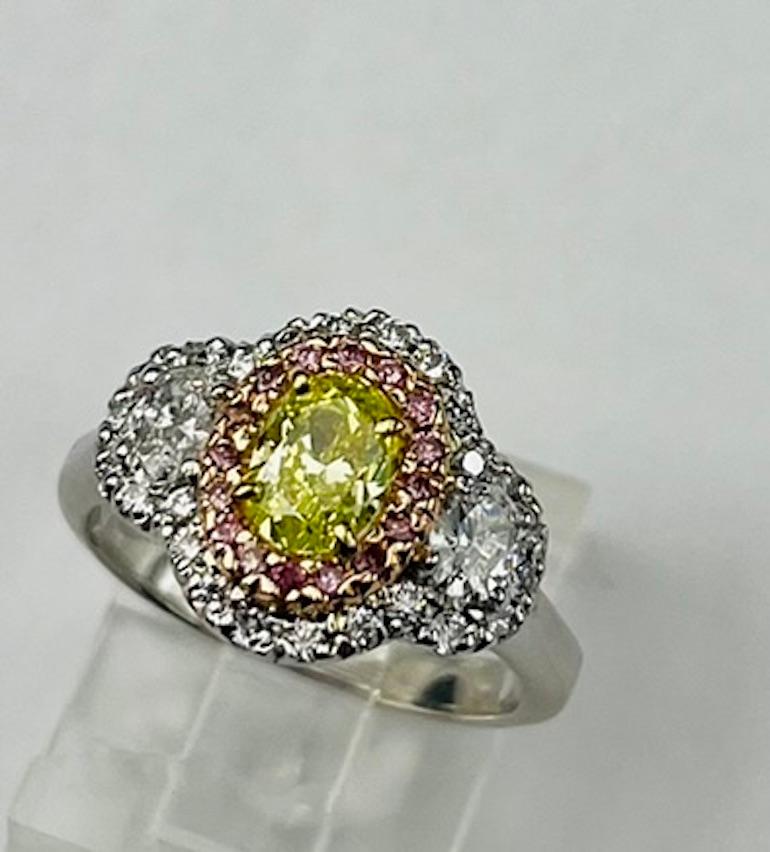 Contemporary GIA Certified .75Ct Oval Fancy Intense Yellow Green Diamond Ring For Sale