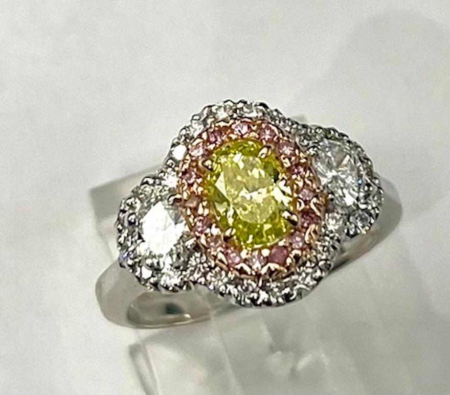Oval Cut GIA Certified .75Ct Oval Fancy Intense Yellow Green Diamond Ring For Sale